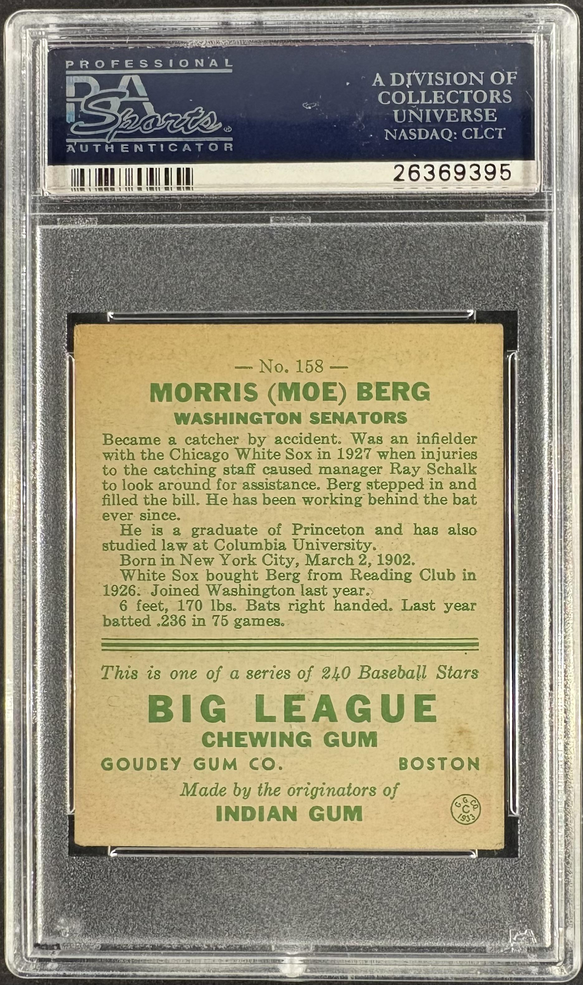 1933 Goudey (R319) #158 Moe Berg PSA 4 VG-EX
