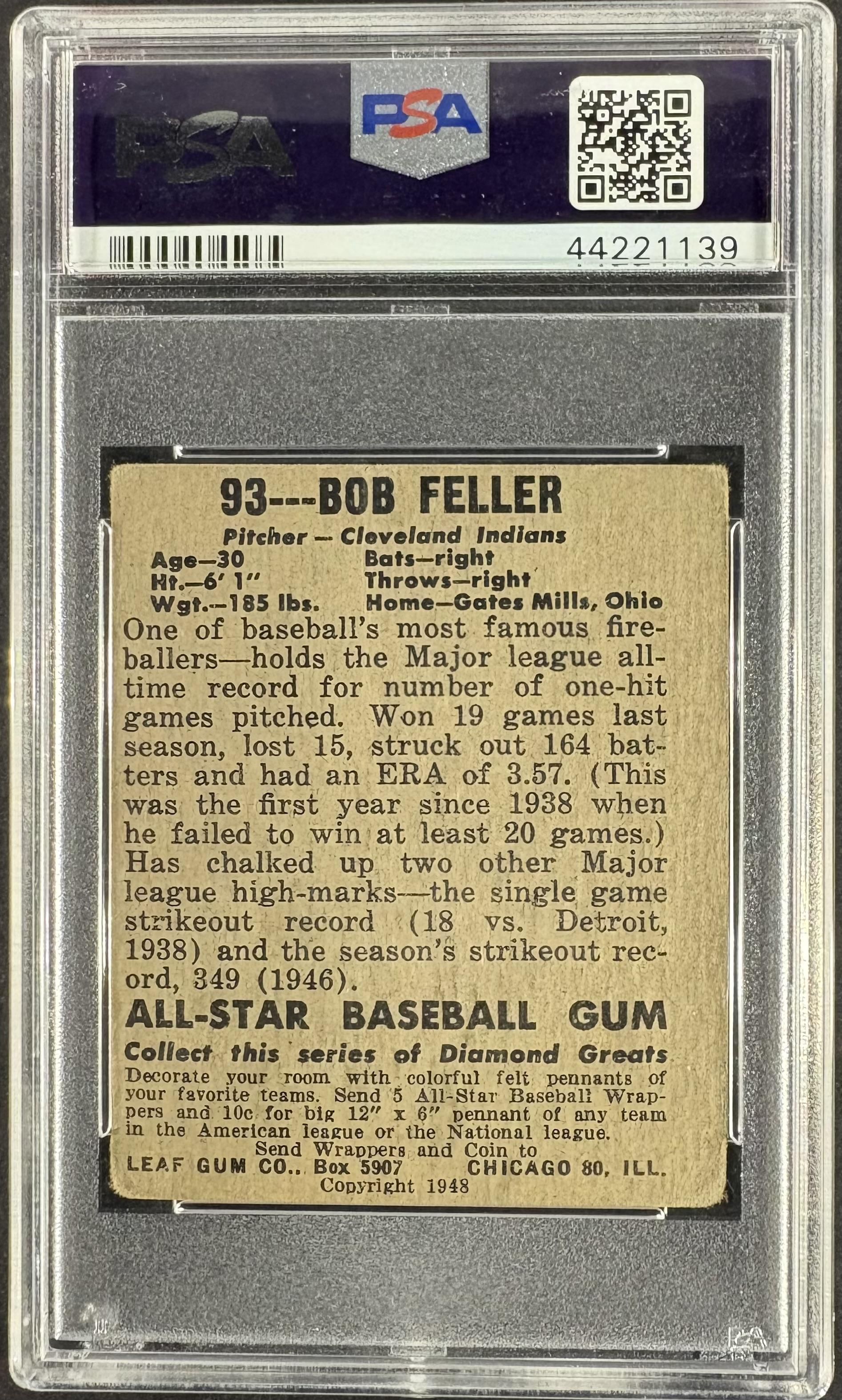 1948-49 Leaf #93 Bob Feller PSA 2 GD New Label