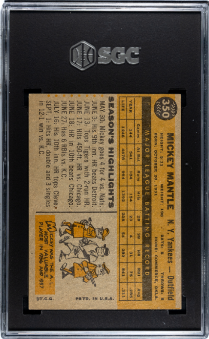 1960 Topps #350 Mickey Mantle SGC 5 EX Nice Color