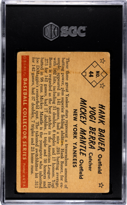 1953 Bowman Color #44 Bauer/ Yogi Berra/ Mickey Mantle SGC 2.5 GD+ Well Centered