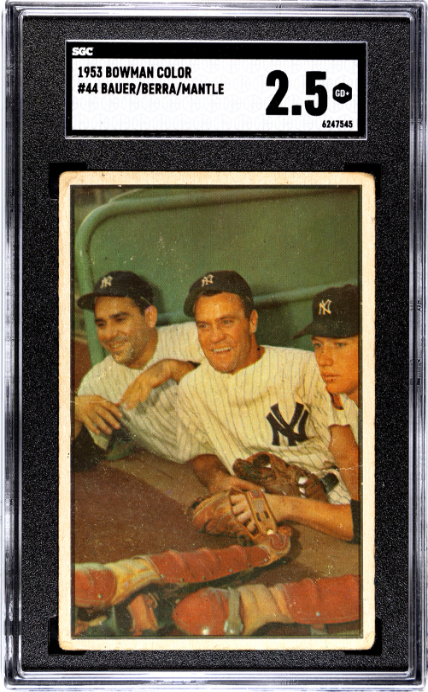 1953 Bowman Color #44 Bauer/ Yogi Berra/ Mickey Mantle SGC 2.5 GD+ Well Centered