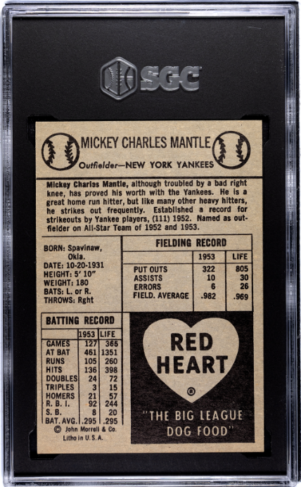 1954 Red Heart Dog Food Mickey Mantle SGC 5 EX SHARP + Nice Color