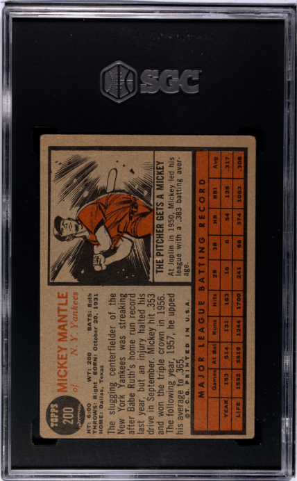 1962 Topps #200 Mickey Mantle SGC 2.5 GD+