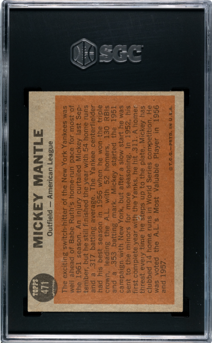 1962 Topps #471 Mickey Mantle All-Star SGC 6.5 EX-NM+ Well Centered