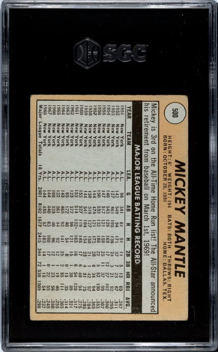 1969 Topps #500 Mickey Mantle SGC 2 GD+
