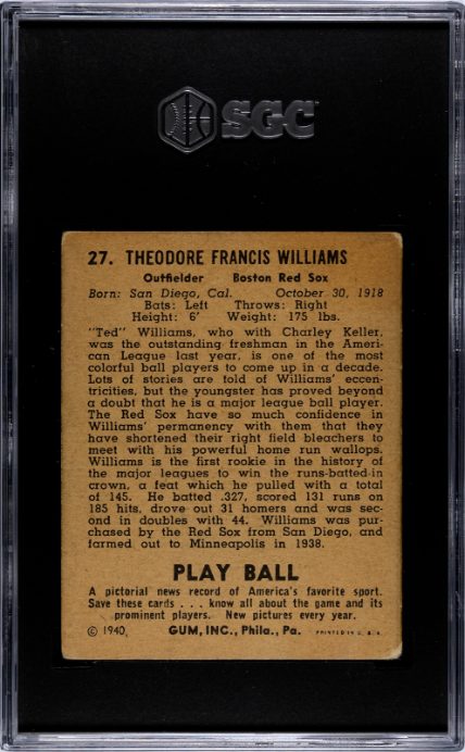 1940 Playball #27 Ted Williams SGC 3 VG CREASE FREE