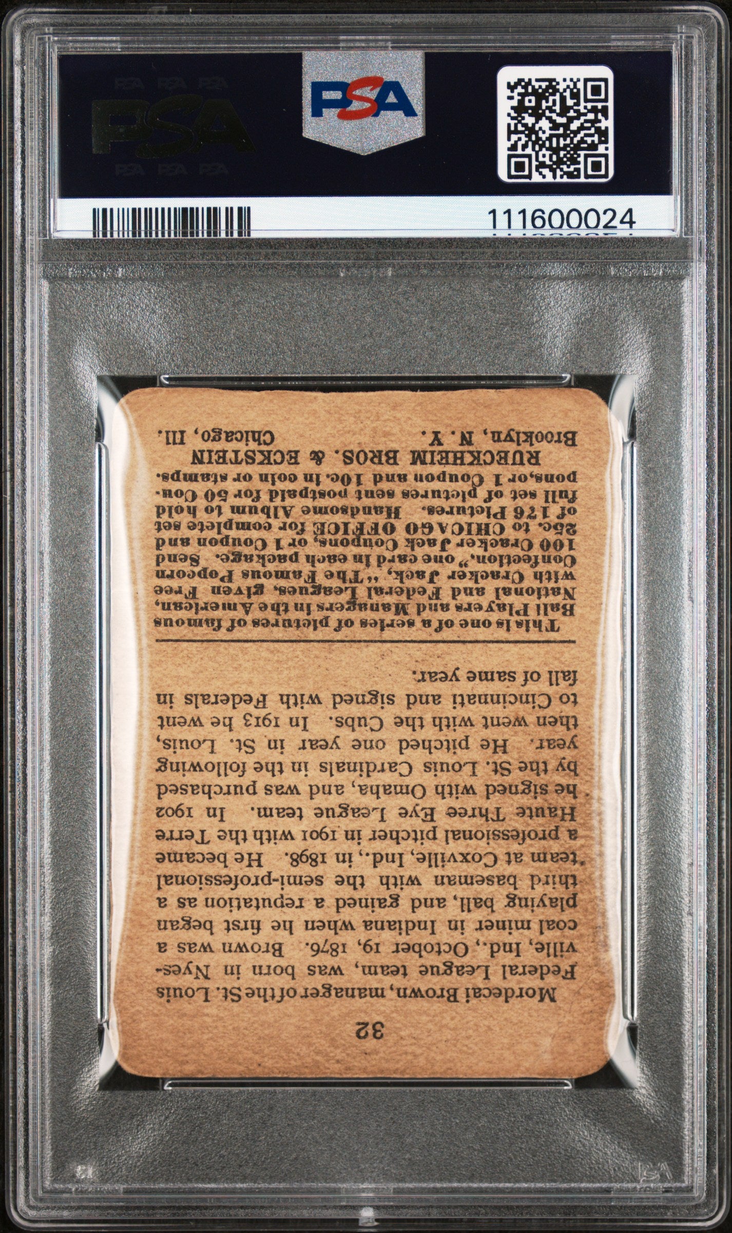 1915 Cracker Jack #32 Mordecai Brown PSA Authentic New Label