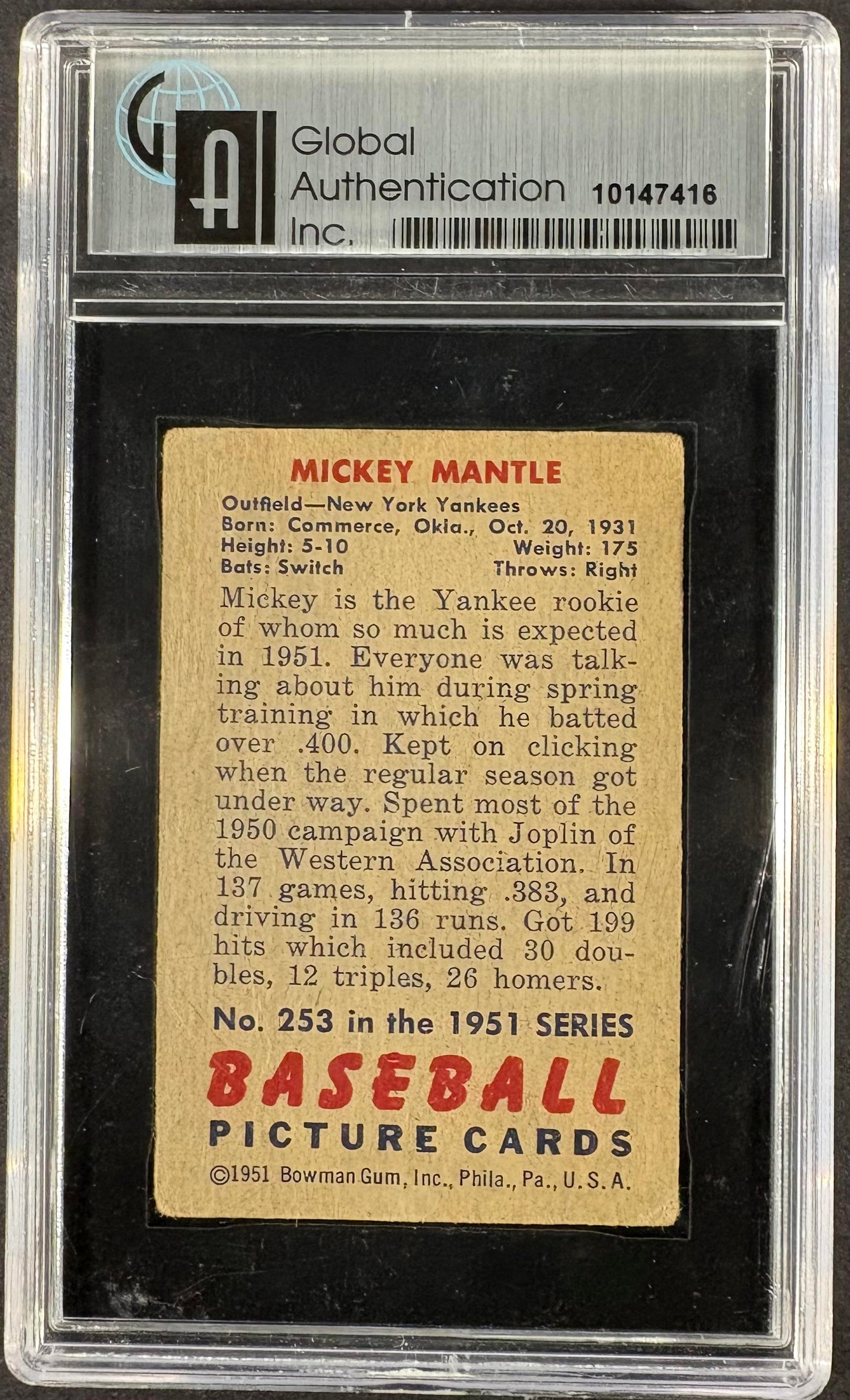 1951 Bowman #253 Mickey Mantle RC Rookie GAI 2 GD Nice Color