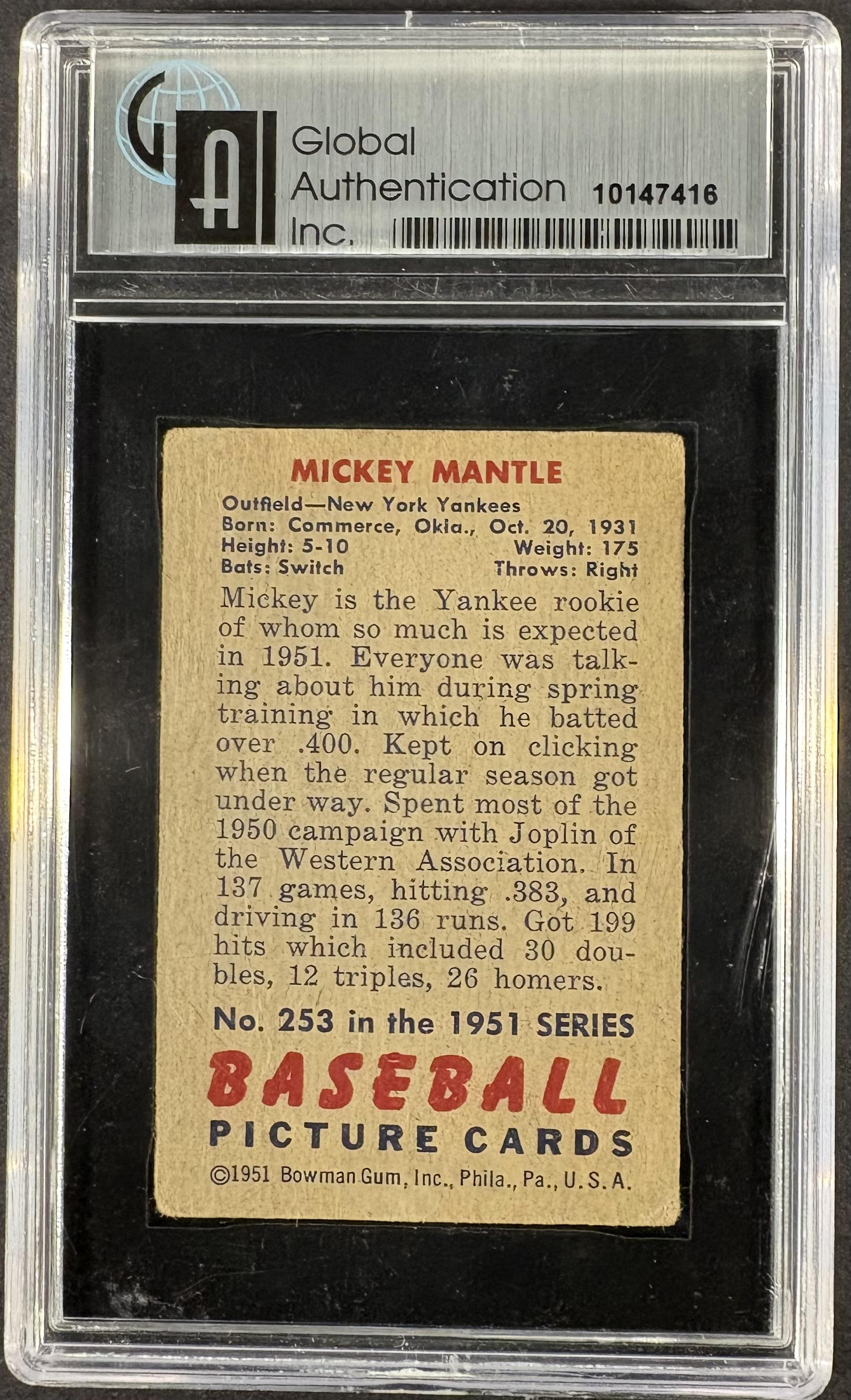 1951 Bowman #253 Mickey Mantle RC Rookie GAI 2 GD Nice Color