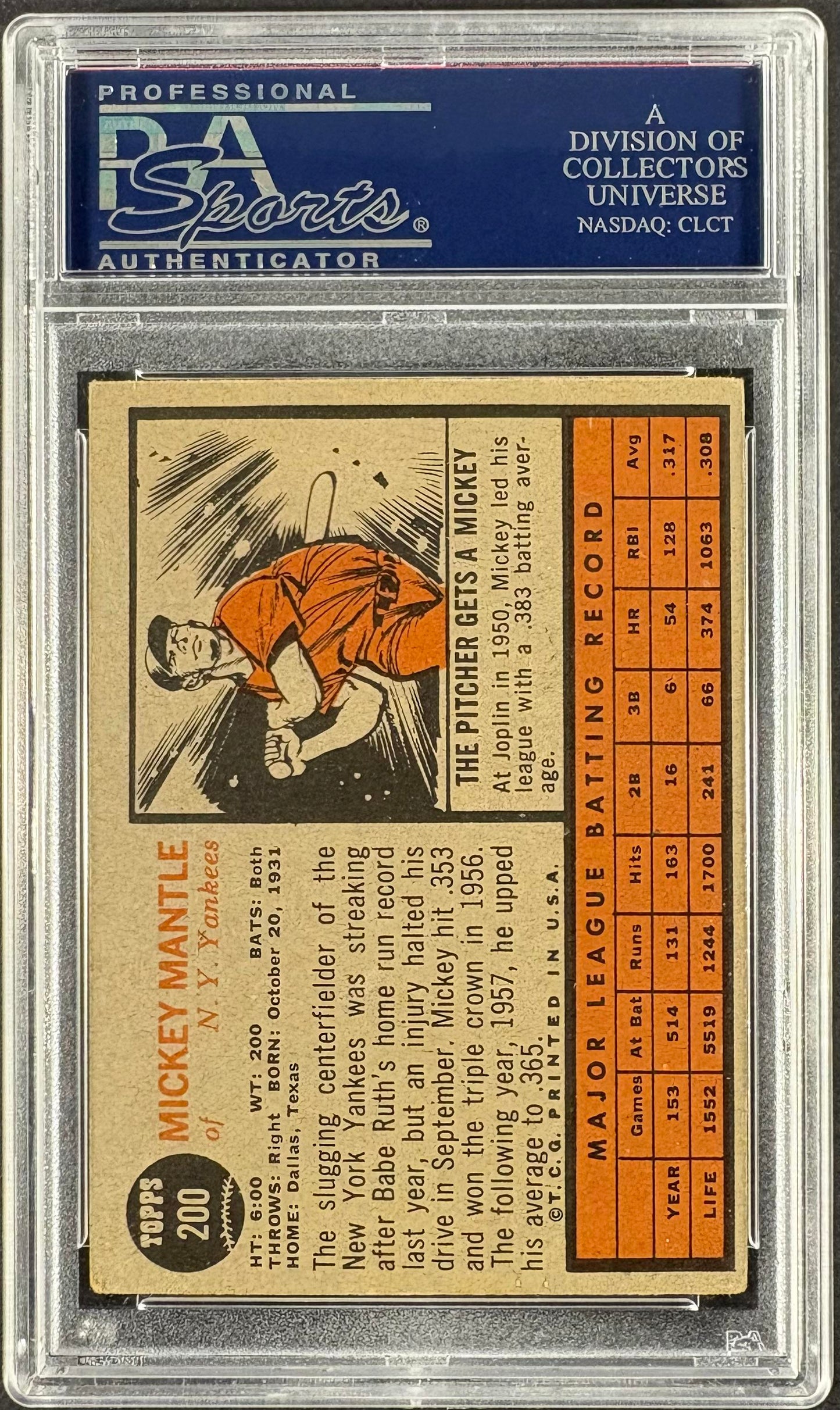 1962 Topps #200 Mickey Mantle PSA 4 VG-EX