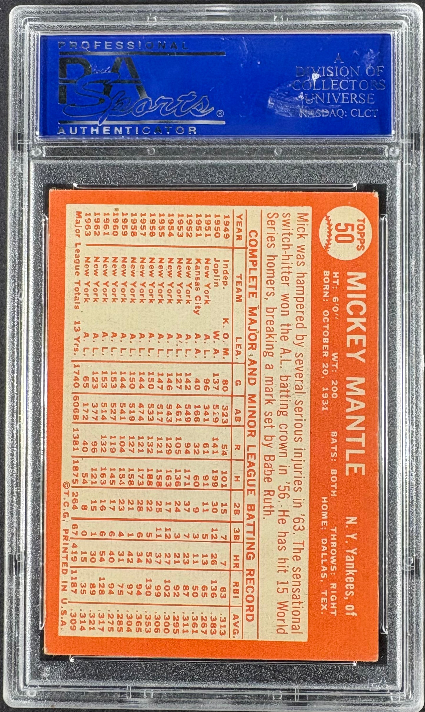 1964 Topps #50 Mickey Mantle PSA 5 EX
