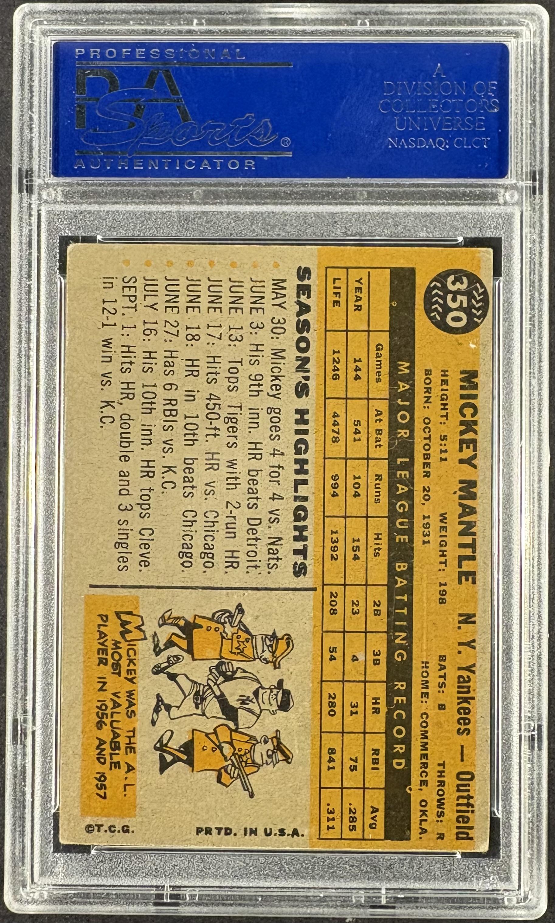 1960 Topps #350 Mickey Mantle PSA 5 EX Nice Color
