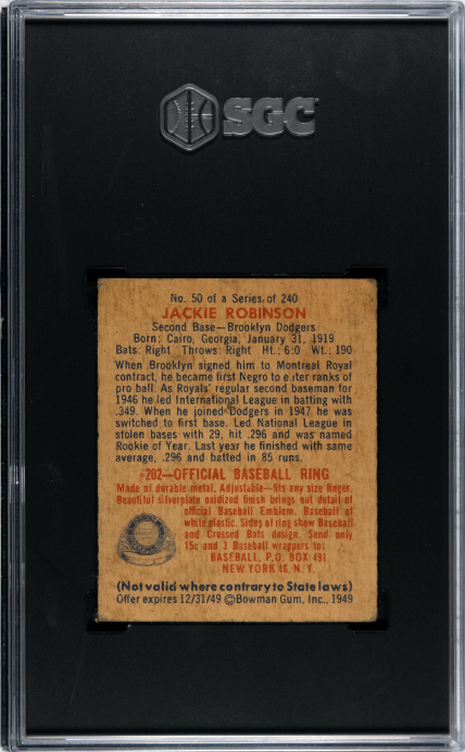 1949 Bowman #50 Jackie Robinson RC Rookie SGC 1.5 Well Centered Nice Eye Appeal