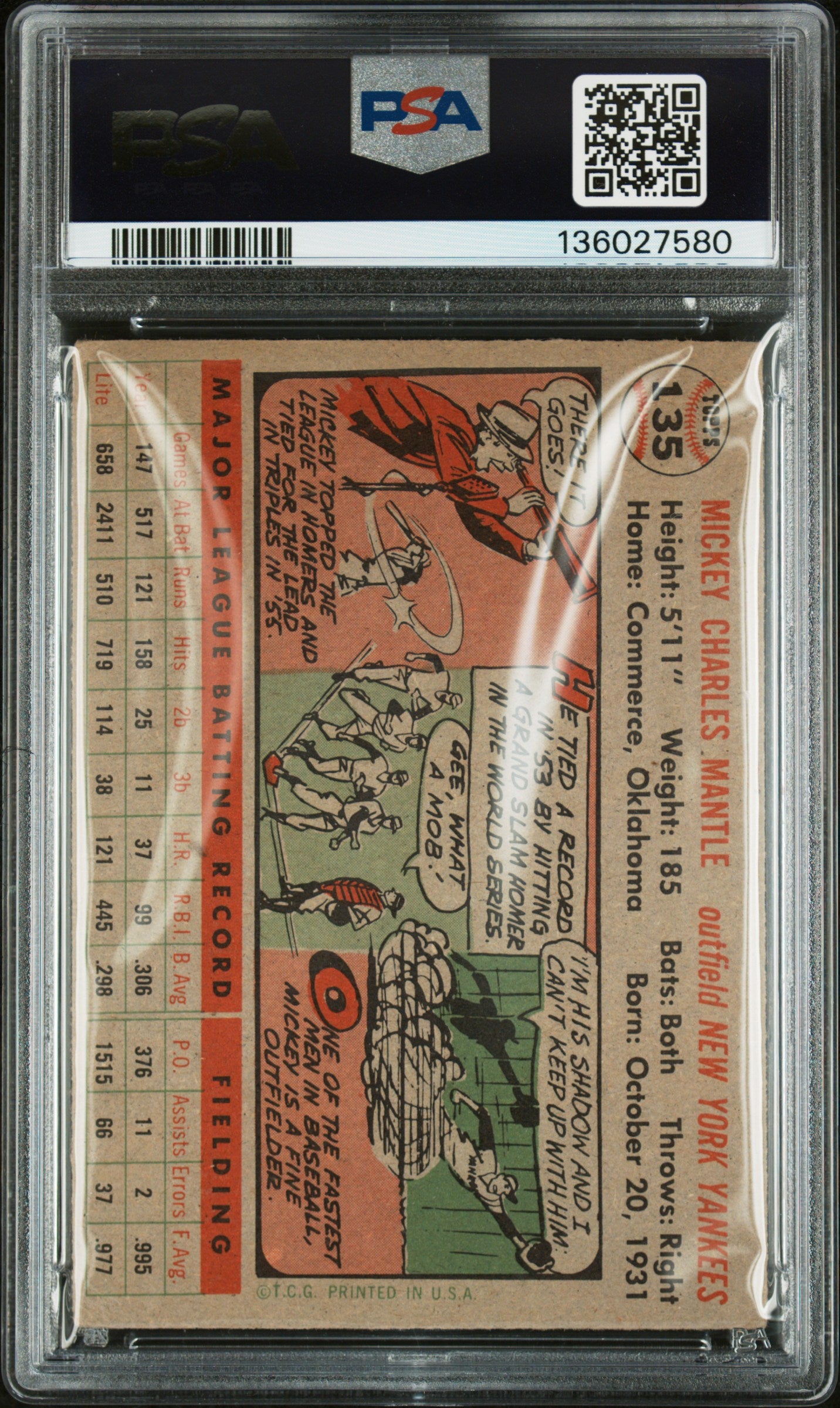1956 Topps #135 Mickey Mantle Gray Back PSA 3 VG Nice Eye Appeal New Label