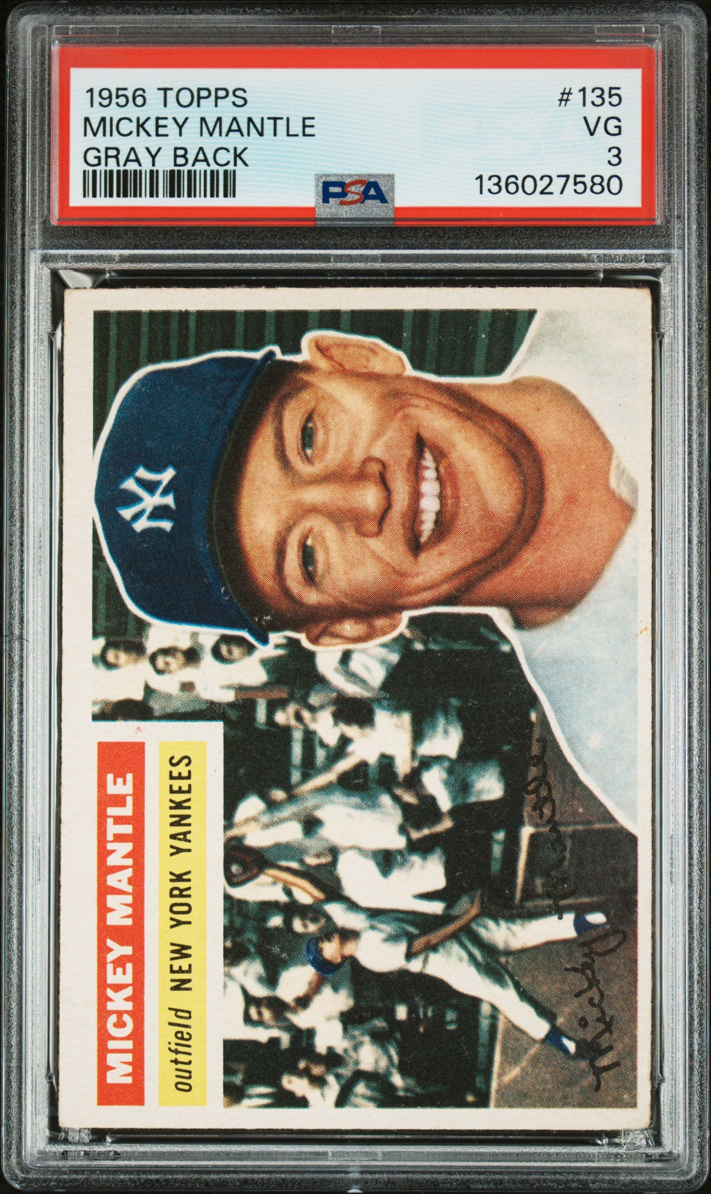 1956 Topps #135 Mickey Mantle Gray Back PSA 3 VG Nice Eye Appeal New Label