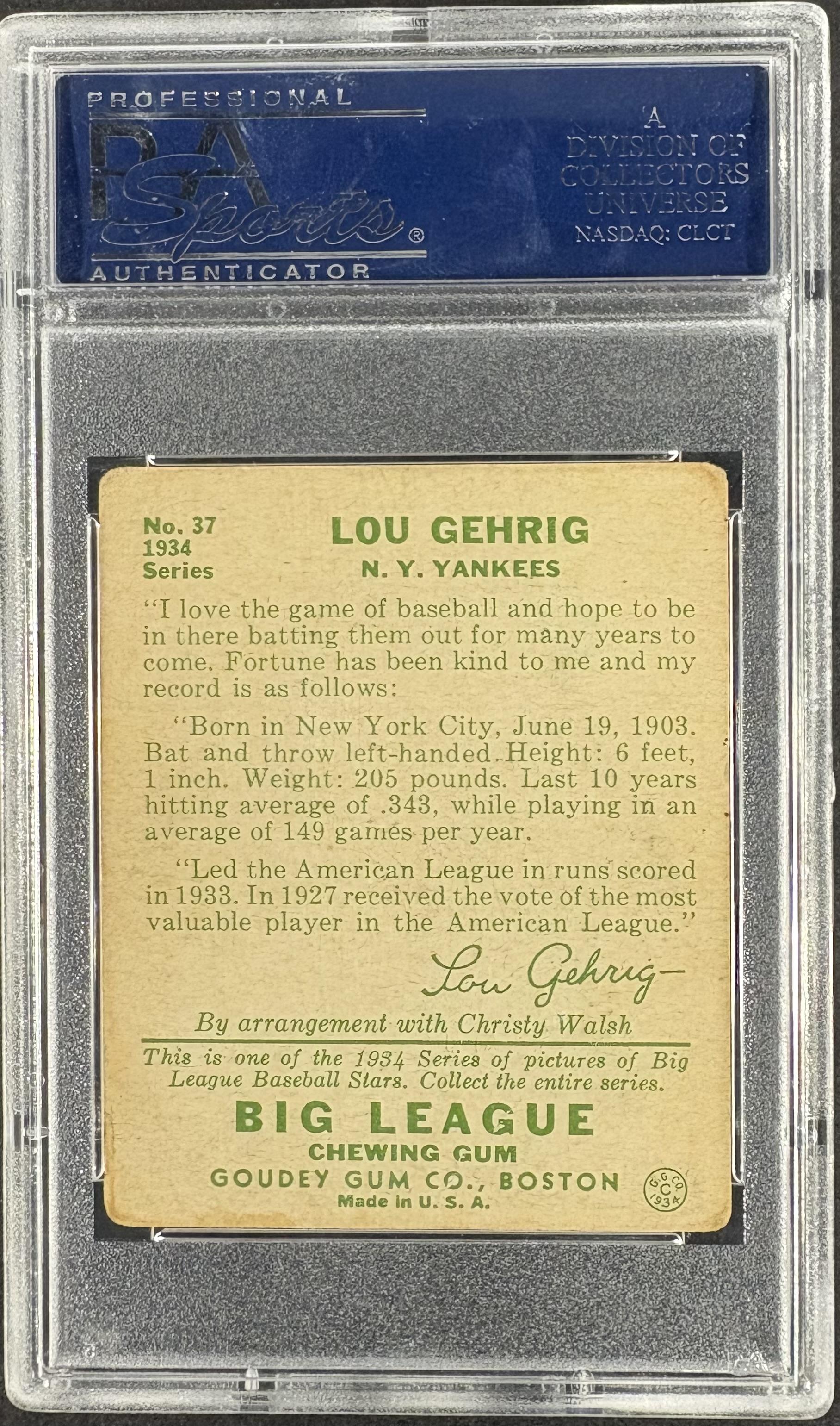 1934 Goudey (R320) #37 Lou Gehrig PSA 2 GD Well Centered
