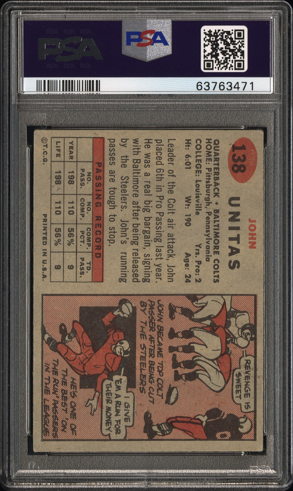 1957 Topps #138 John Johnny Unitas RC Rookie PSA 3.5 VG+ New Label