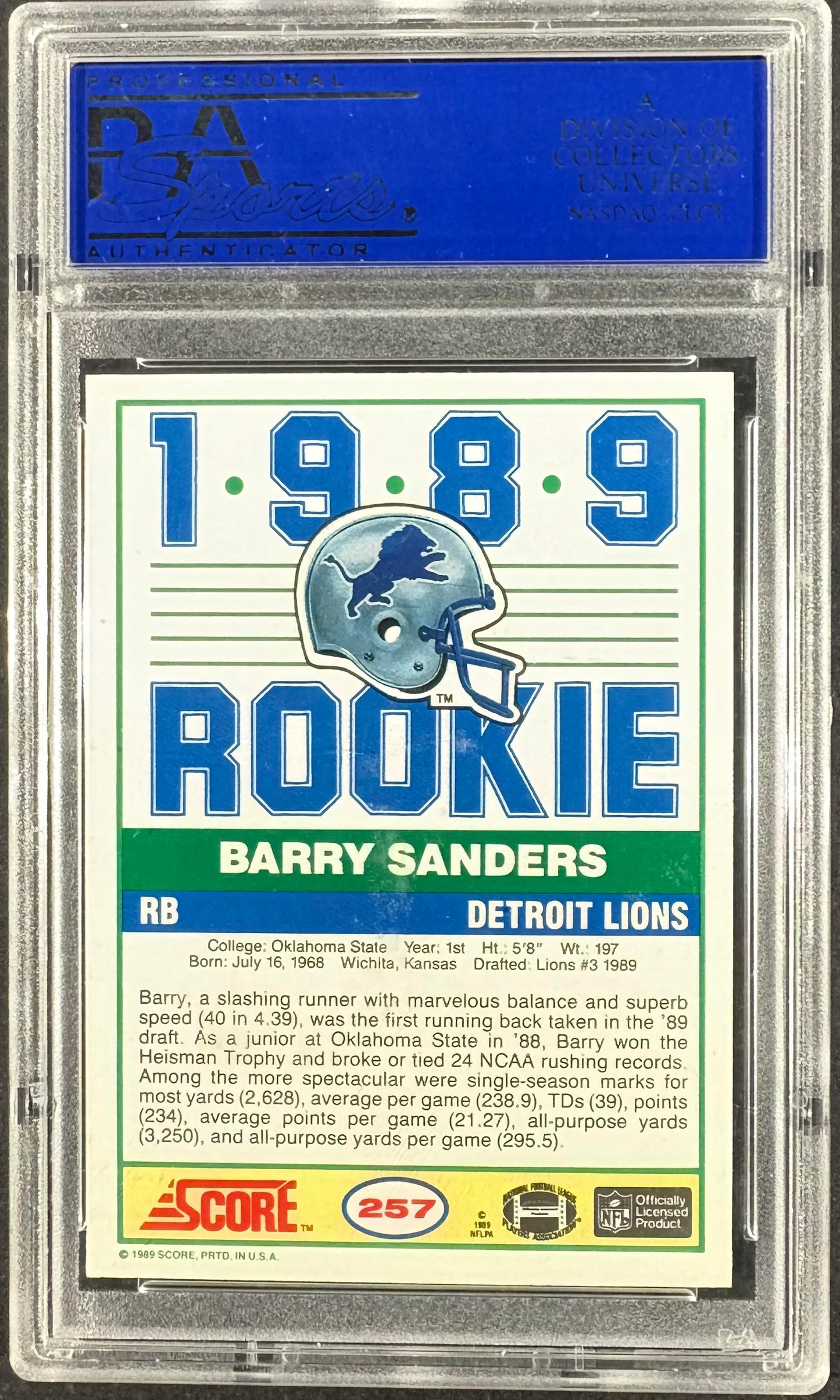 1989 Score #257 Barry Sanders RC Rookie PSA 10 GEM MINT