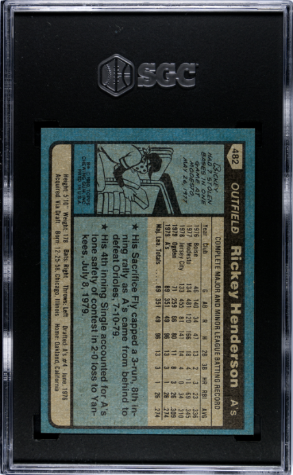 1980 Topps #482 Rickey Henderson RC Rookie SGC 9 MINT Well Centered