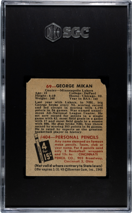 1948 Bowman #69 George Mikan RC Rookie SGC Authentic CREASE FREE Nice Color