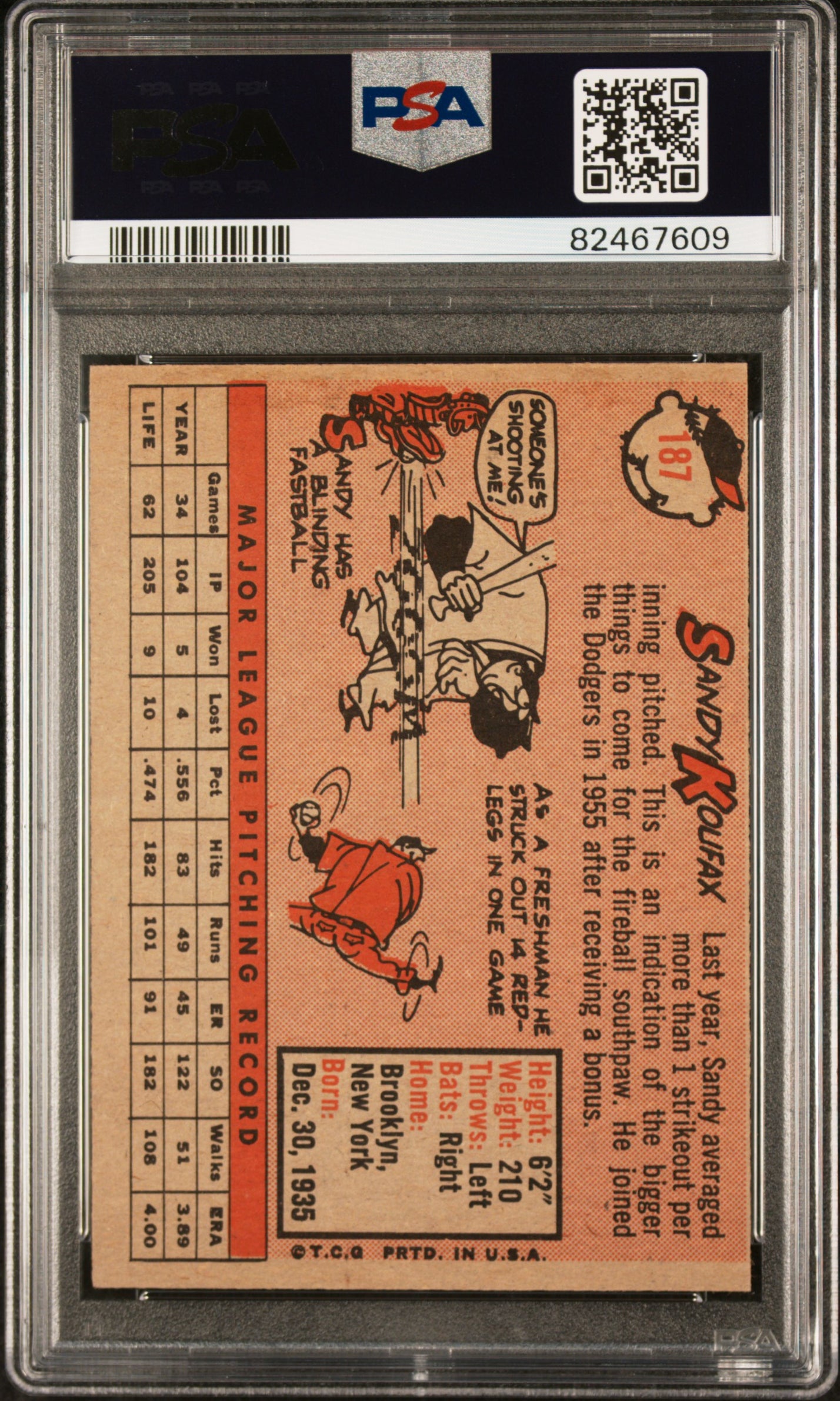 1958 Topps #187 Sandy Koufax PSA 6 EX-MT SHARP New Label
