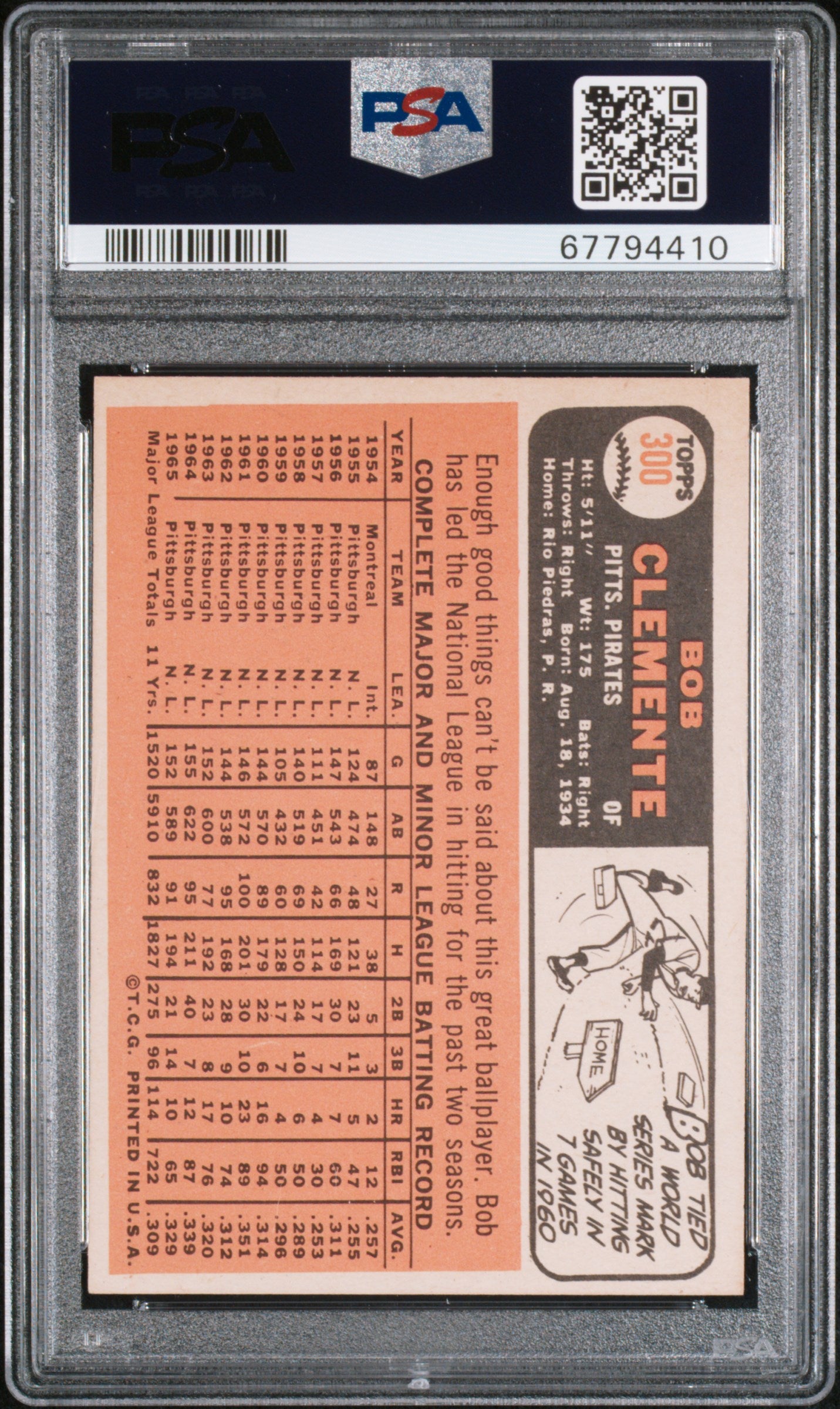 1966 Topps #300 Bob Roberto Clemente PSA 8 NM-MT High Grade New Label