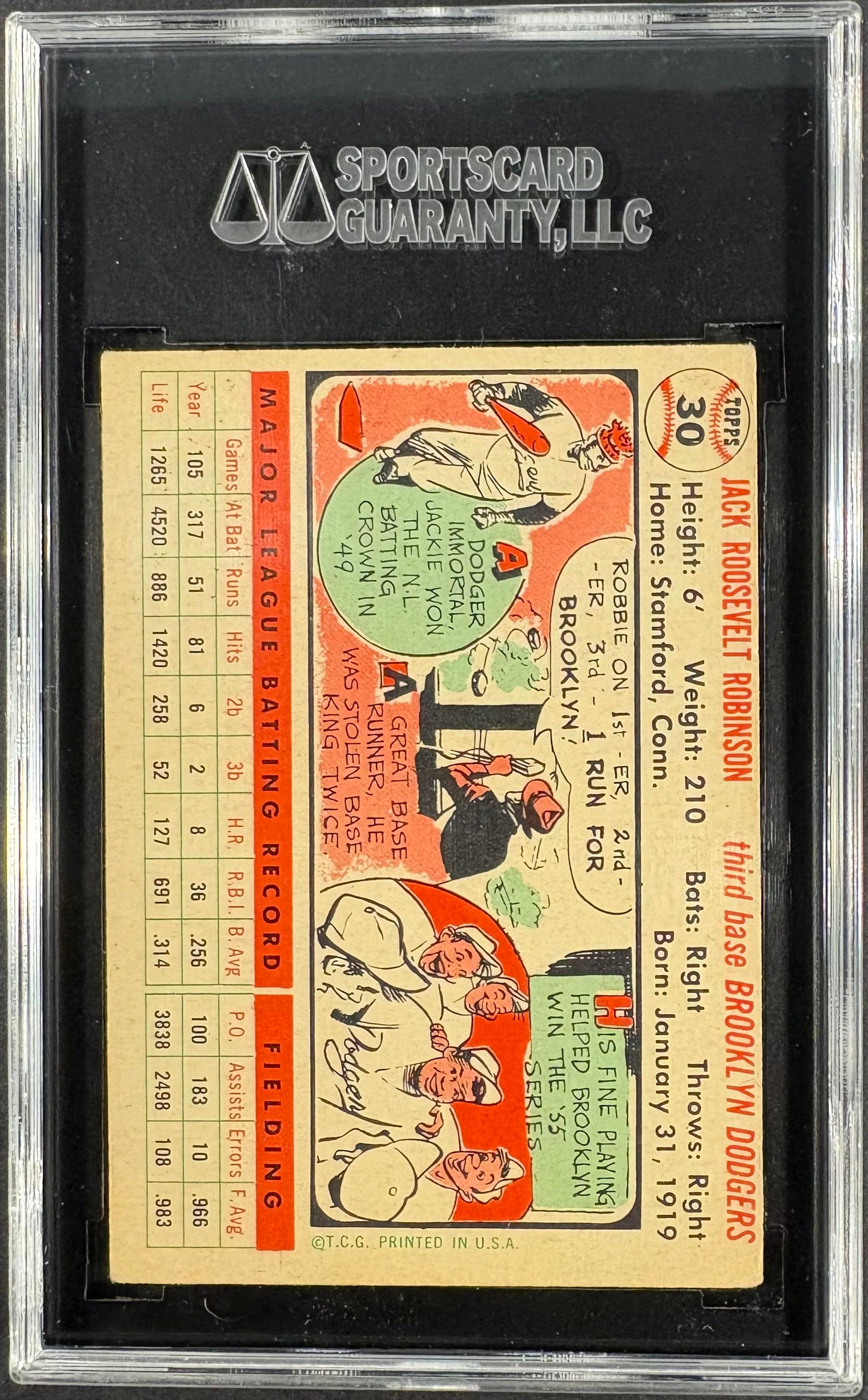 1956 Topps #30 Jackie Robinson White Back SGC 4 VG-EX CENTERED