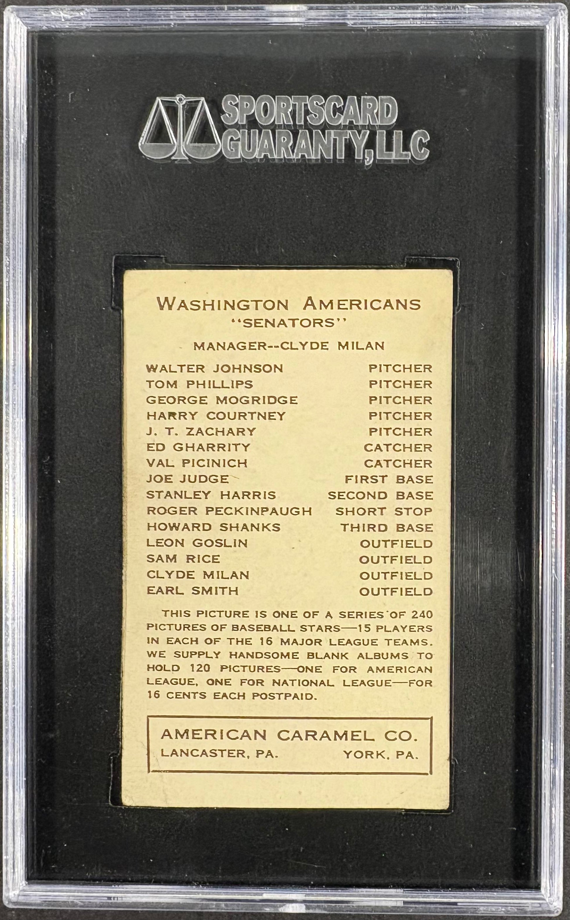 1922 E120 American Caramel Series of 240 Walter Johnson SGC 3 VG