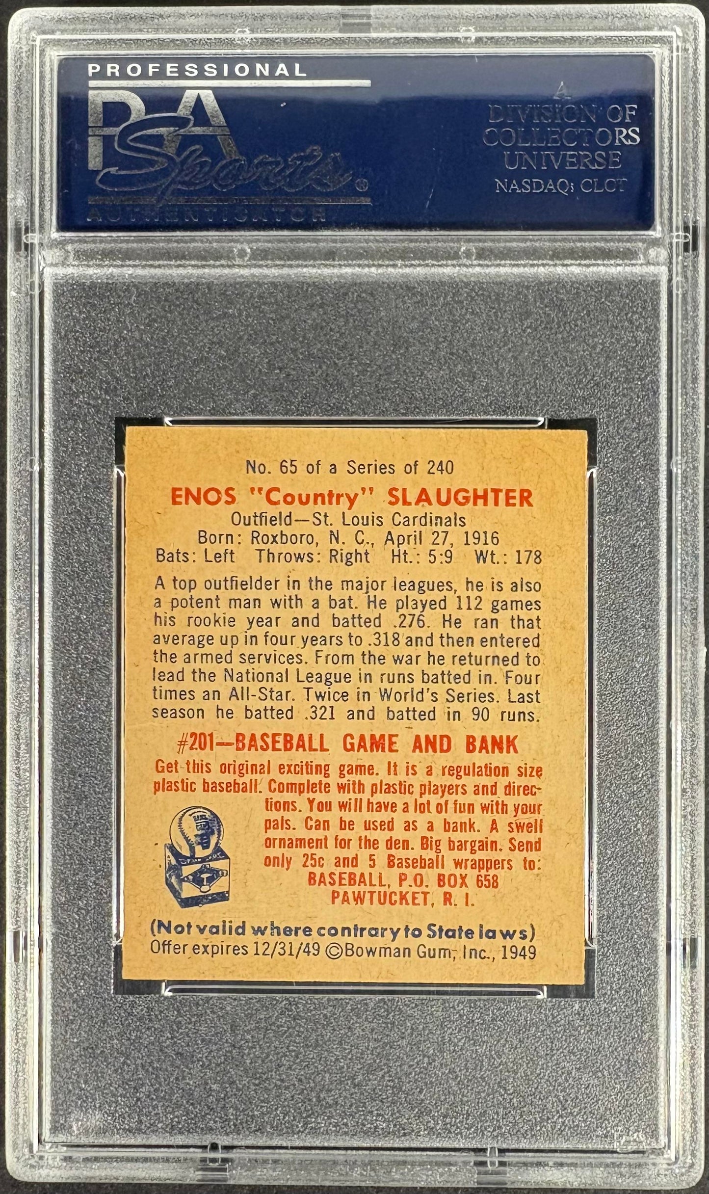 1949 Bowman #65 Enos "Country" Slaughter PSA 8 NM-MT High Grade