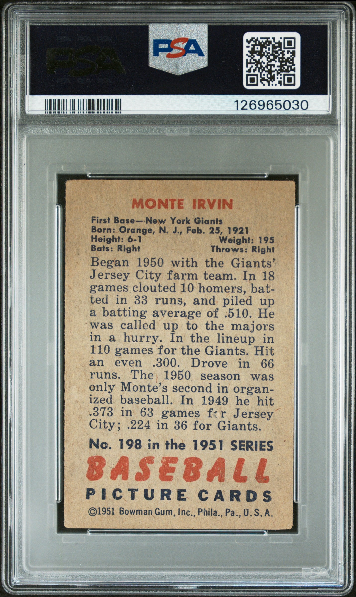 1951 Bowman #198 Monte Irvin RC Rookie PSA 2.5 GD+ New Label