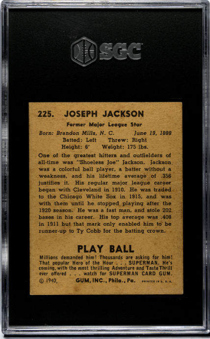 1940 Playball #225 Joe Jackson SGC 2 GD CREASE FREE Nice Eye Appeal