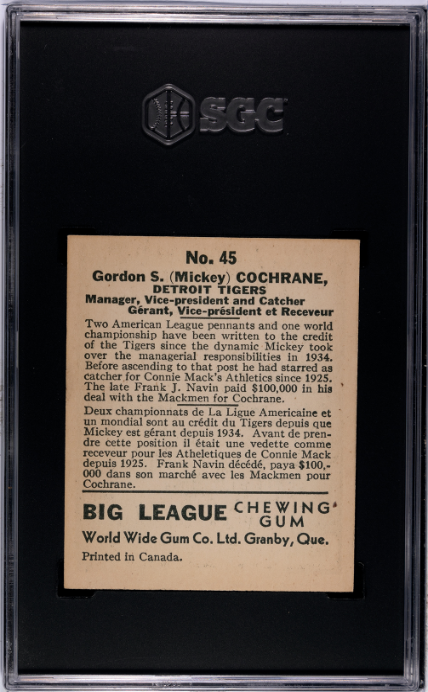 1936 Canadian World Wide Gum Co. #45 Mickey Cochrane SGC 6 EX-NM HIGHEST GRADED