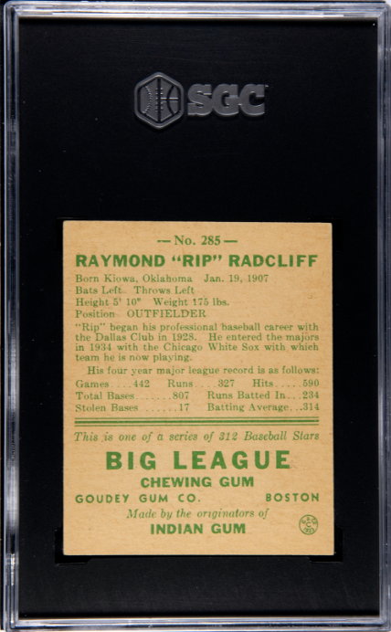 1938 Goudey Heads Up #285 Rip Radcliff SGC 4.5 VG-EX+