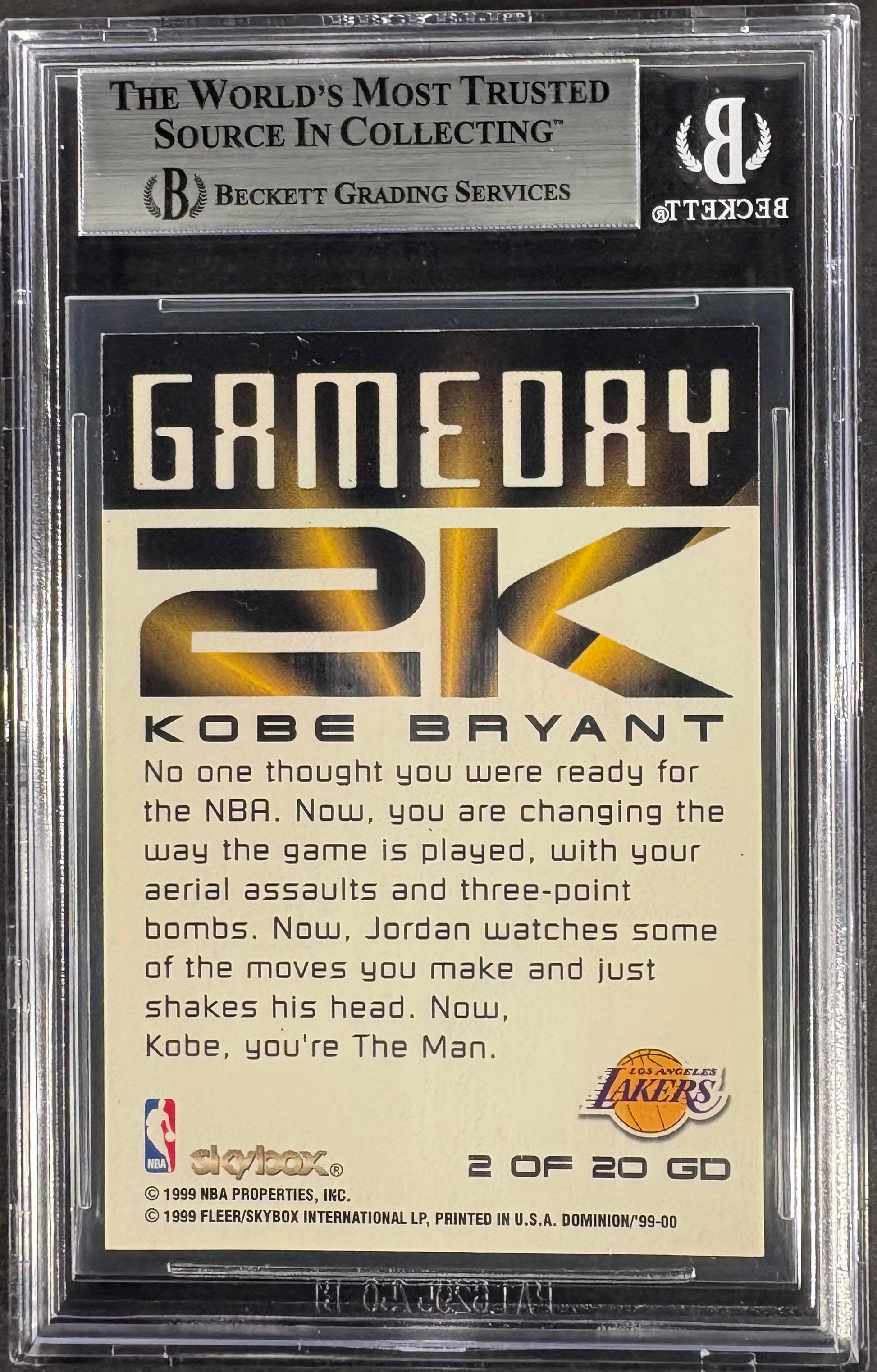 1999-00 SkyBox Dominion #2 GD Kobe Bryant Game Day 2K Warp Tek BGS 9 MINT