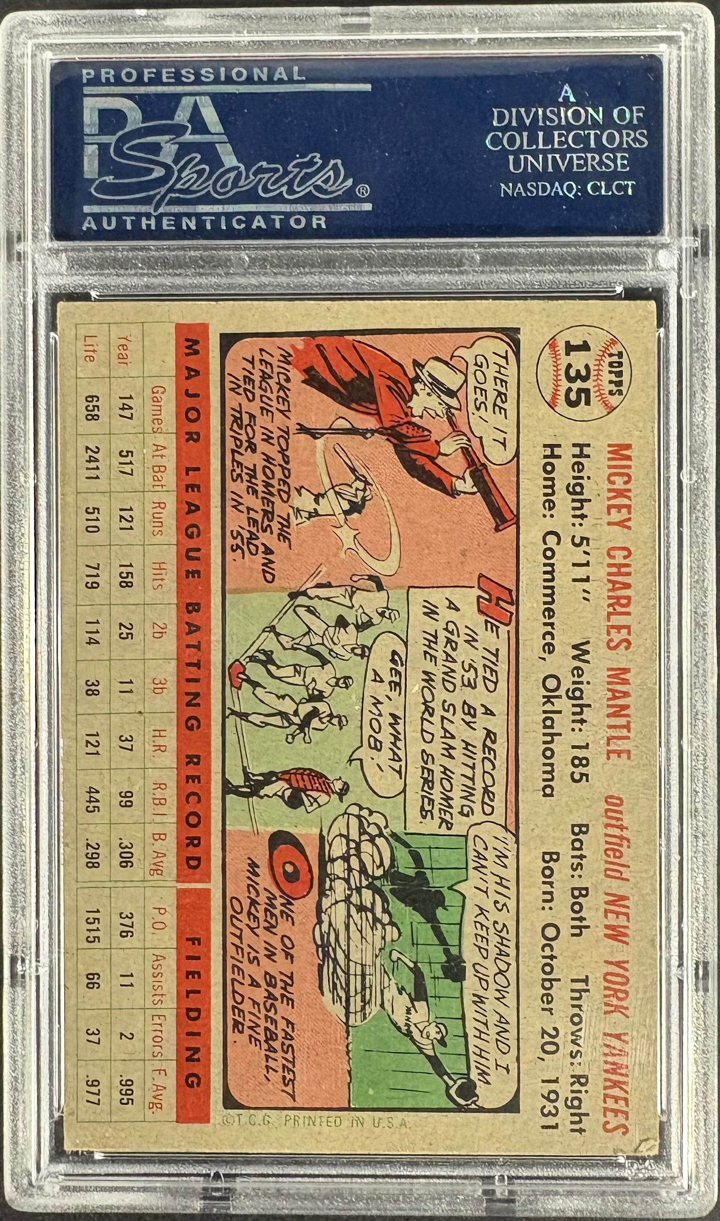 1956 Topps #135 Mickey Mantle Gray Back PSA 3.5 VG+ Nice Color
