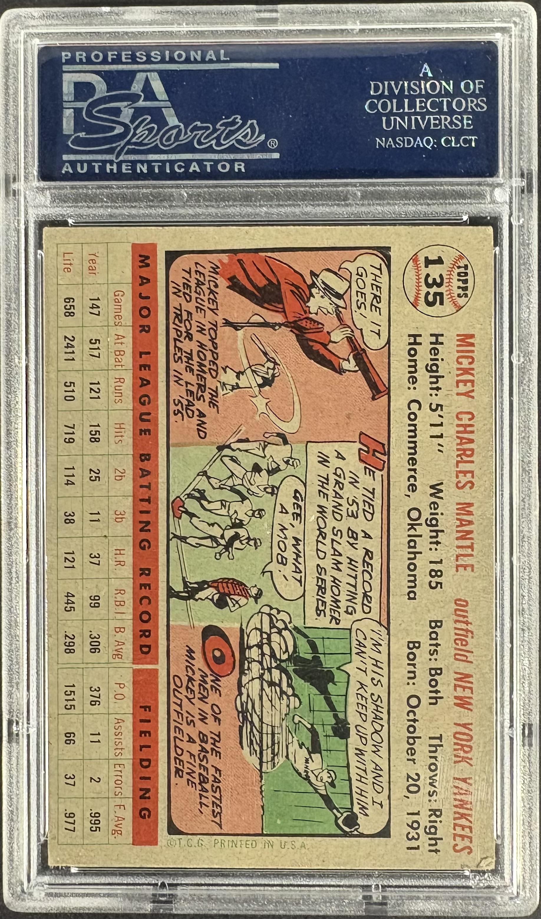 1956 Topps #135 Mickey Mantle Gray Back PSA 3.5 VG+ Nice Color