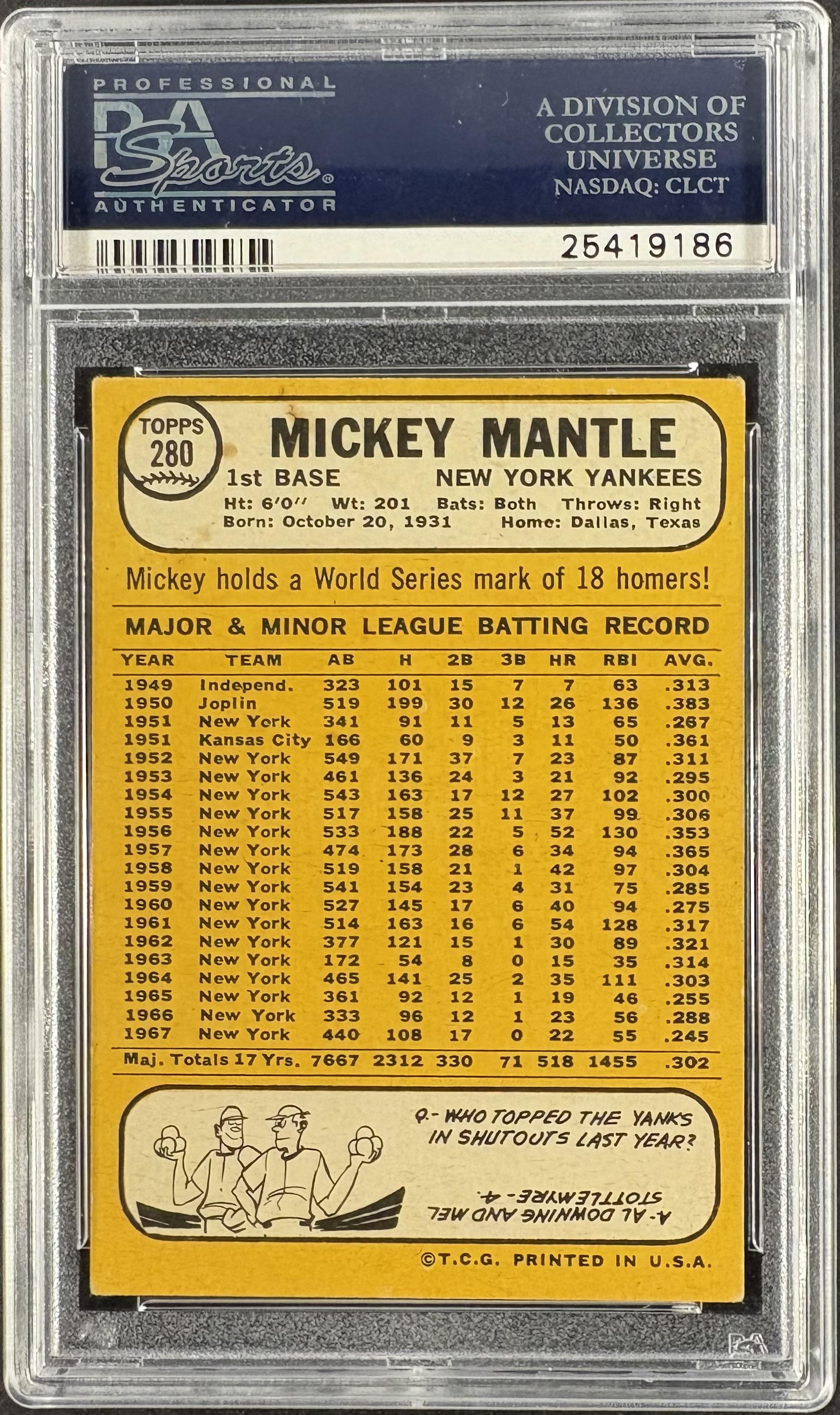 1968 Topps #280 Mickey Mantle PSA 4 VG-EX Well Centered