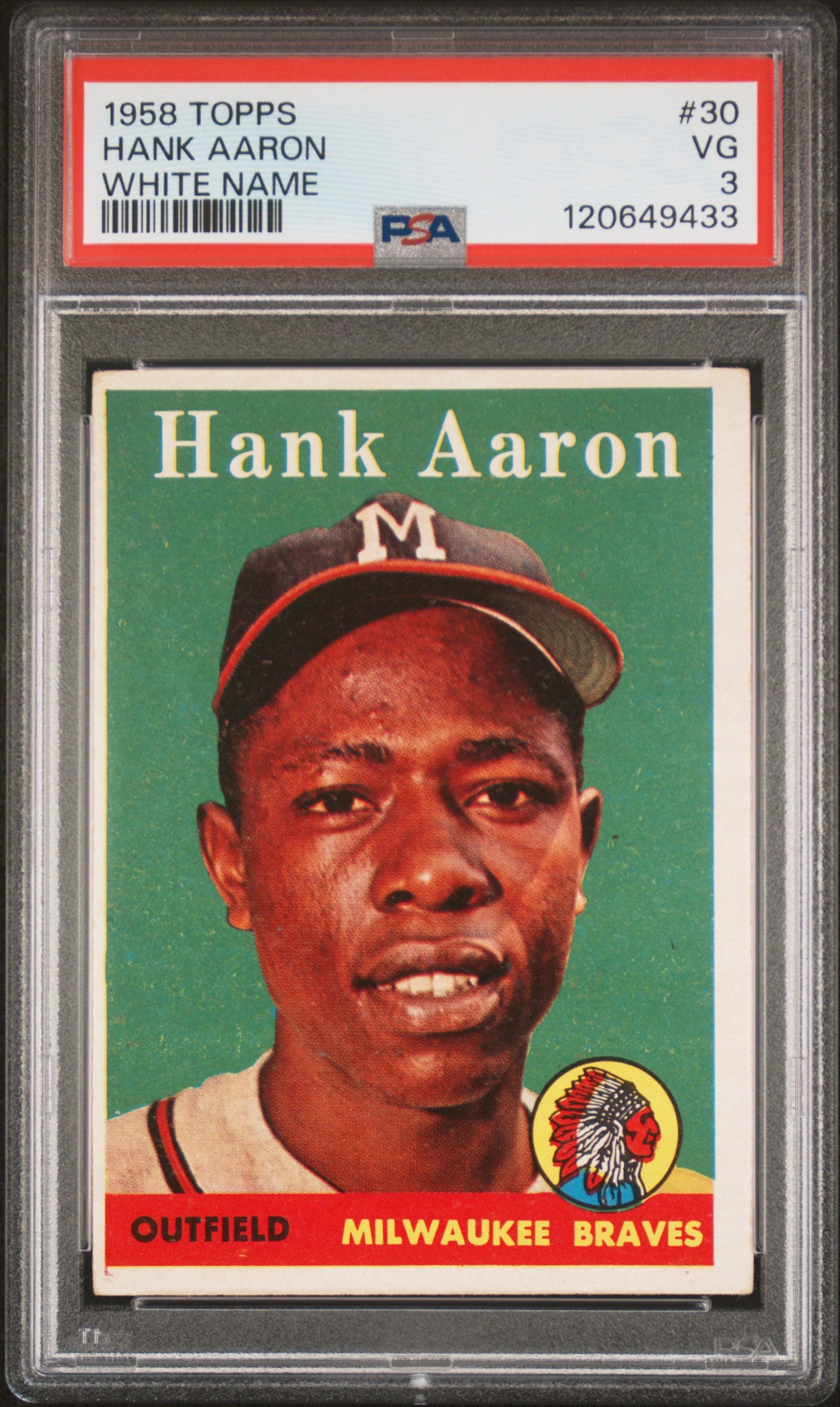 1958 Topps #30 Hank Aaron White Name PSA 3 VG Nice Color New Label