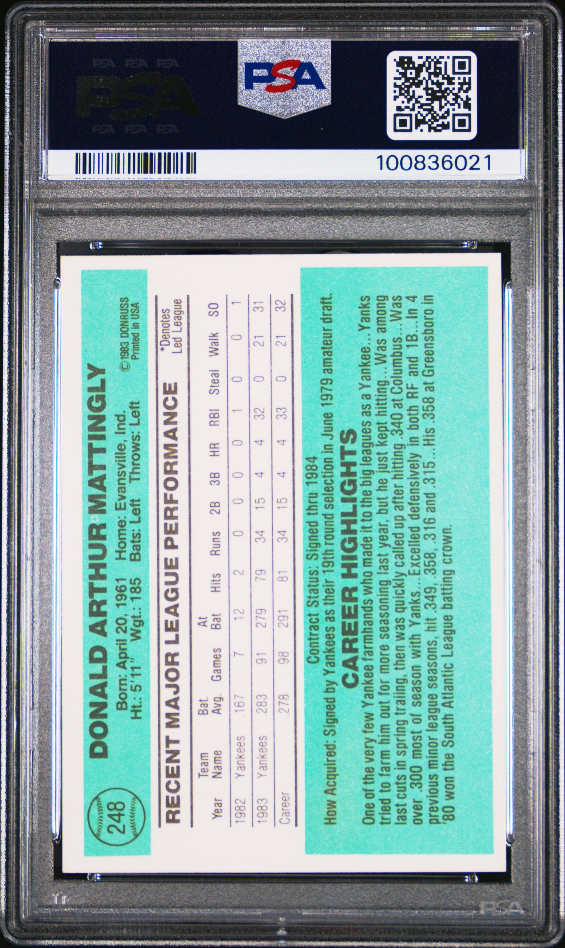 1984 Donruss #248 Don Mattingly RC Rookie PSA 8 NM-MT STUNNING New Label