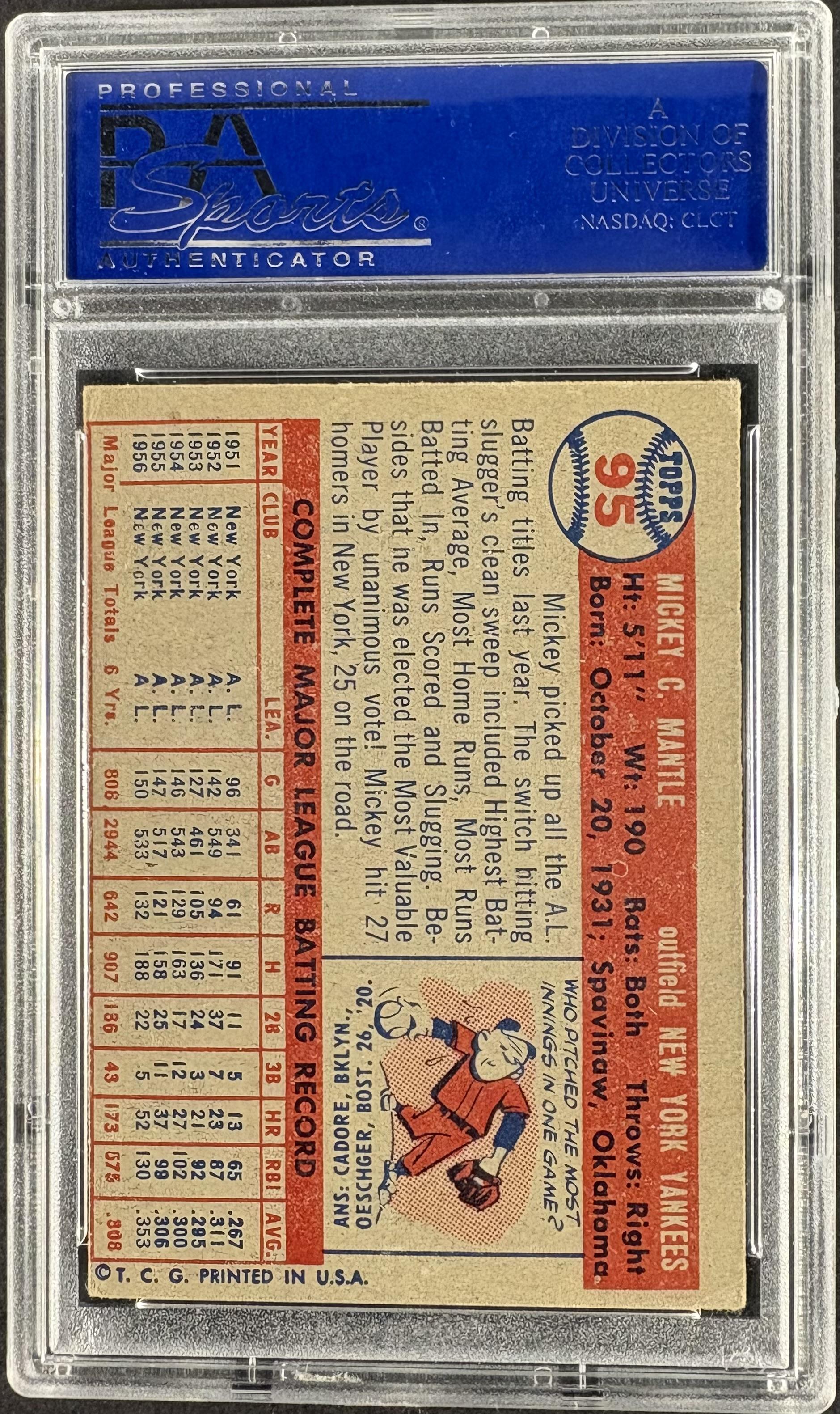 1957 Topps #95 Mickey Mantle PSA 5 EX Nice Color