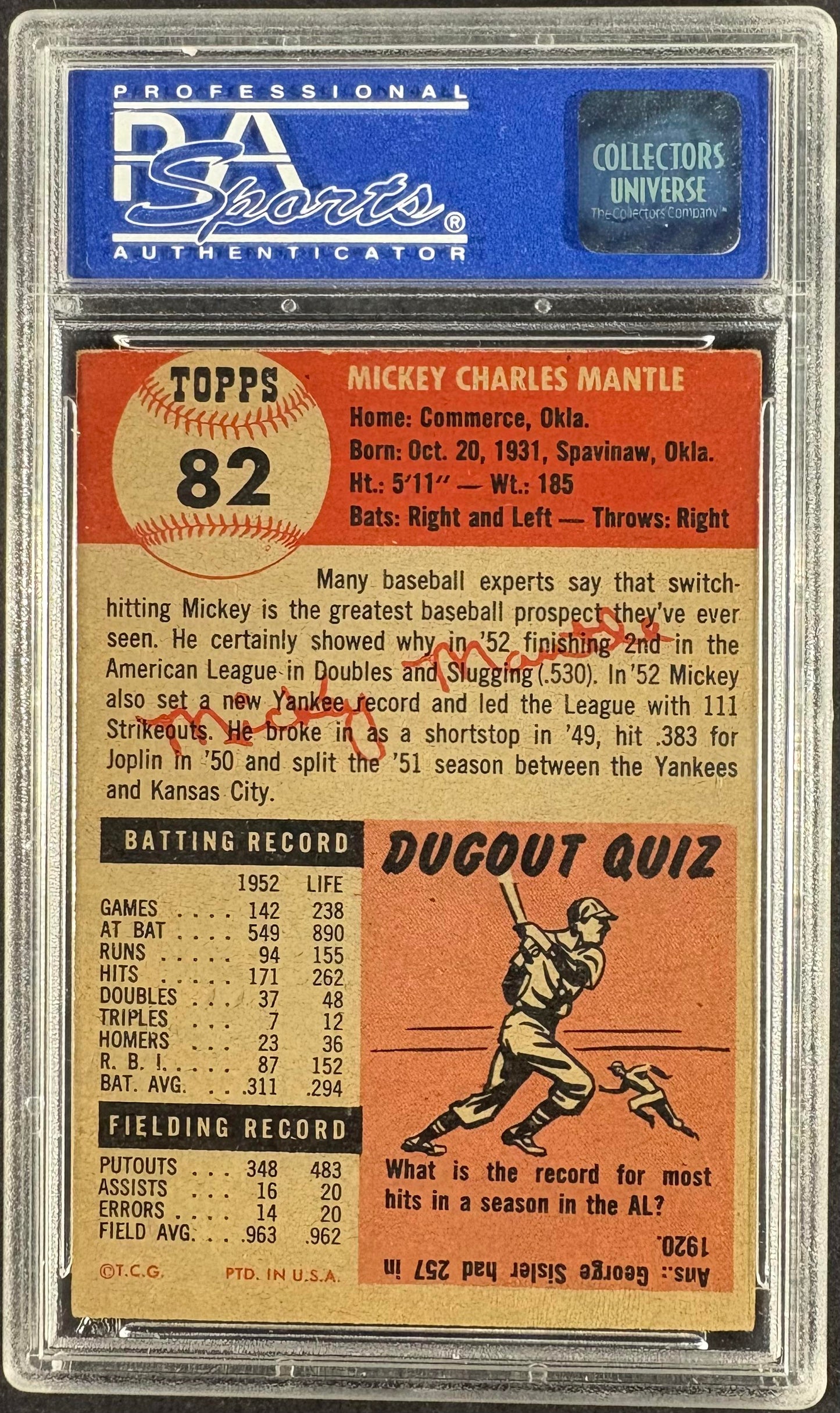 1953 Topps #82 Mickey Mantle PSA 6 oc Nice Color