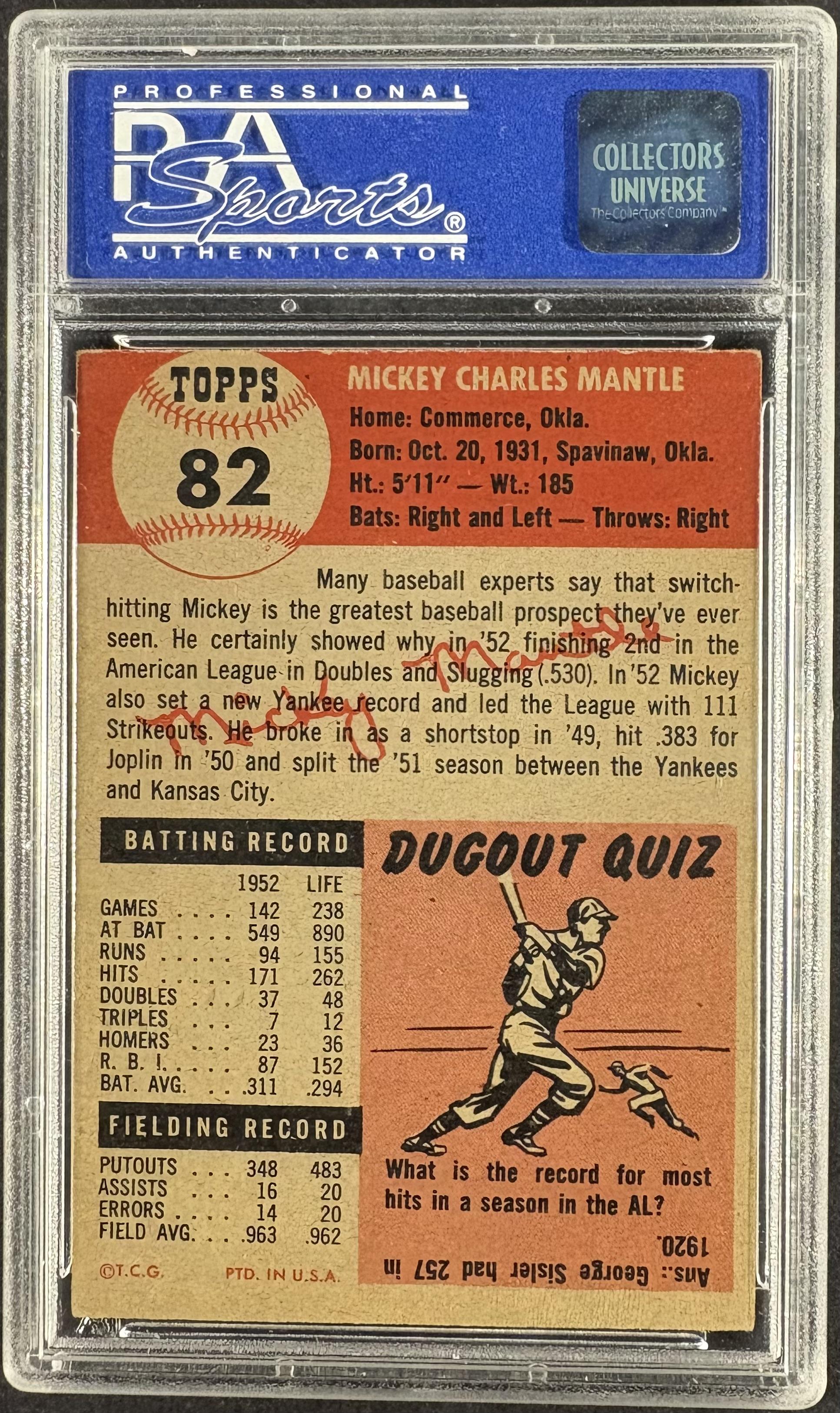 1953 Topps #82 Mickey Mantle PSA 6 oc Nice Color