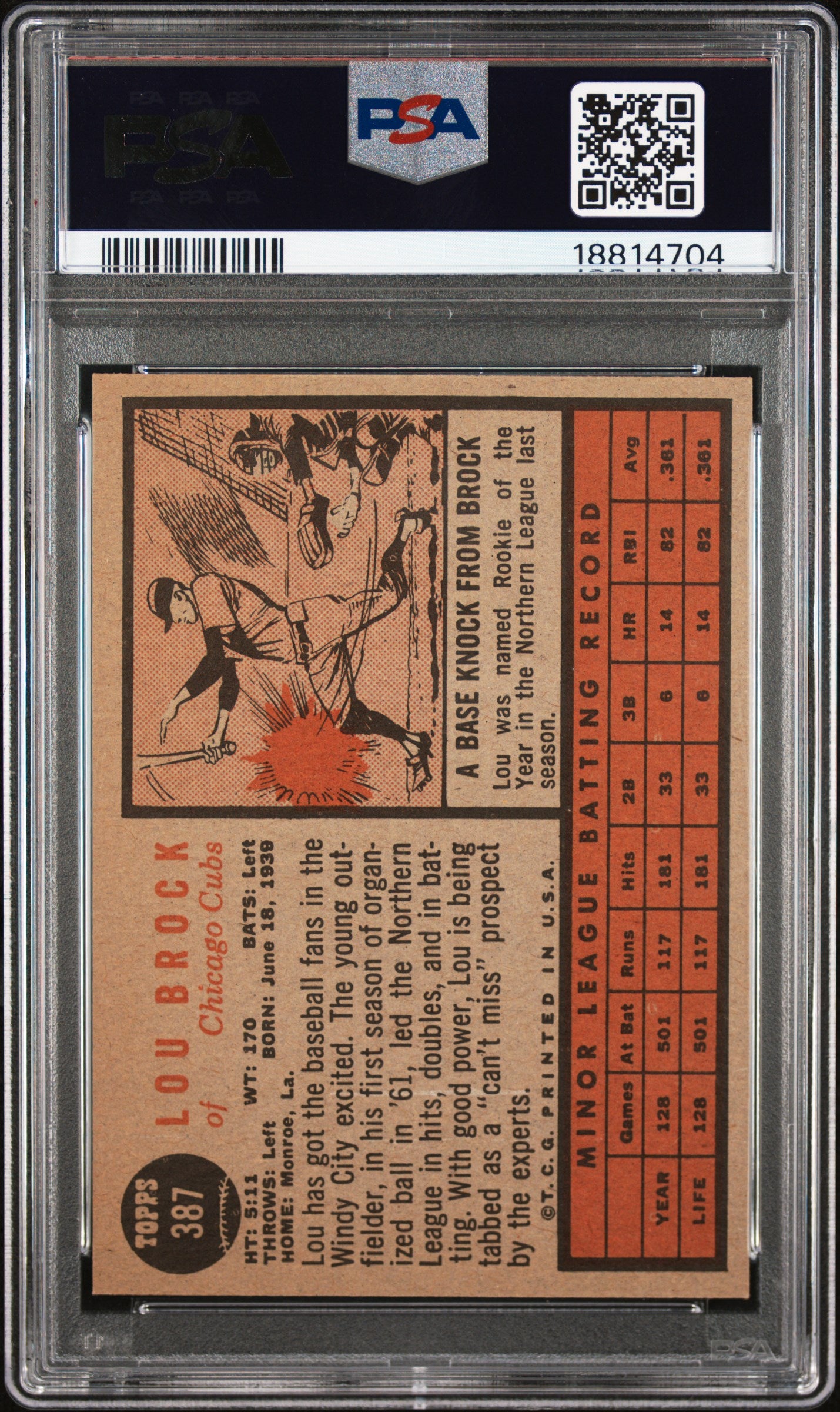1962 Topps #387 Lou Brock RC Rookie PSA 8 NM-MT High Grade SHARP