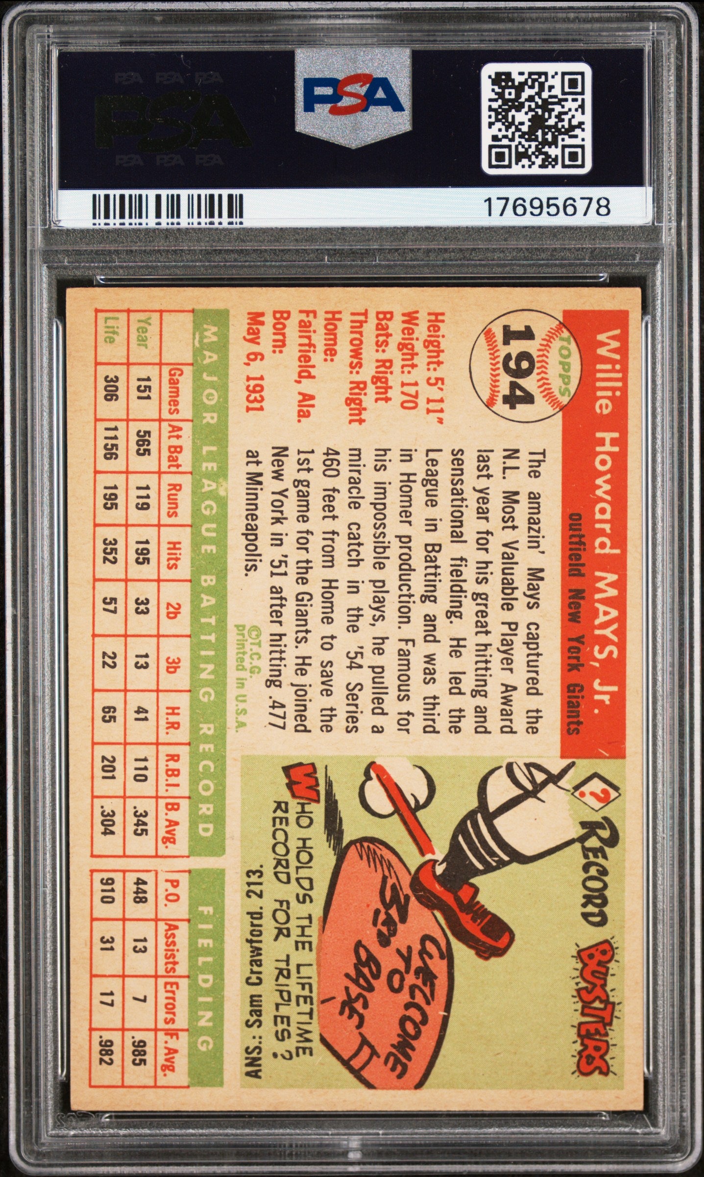 1955 Topps #194 Willie Mays PSA 7 NM Near Mint