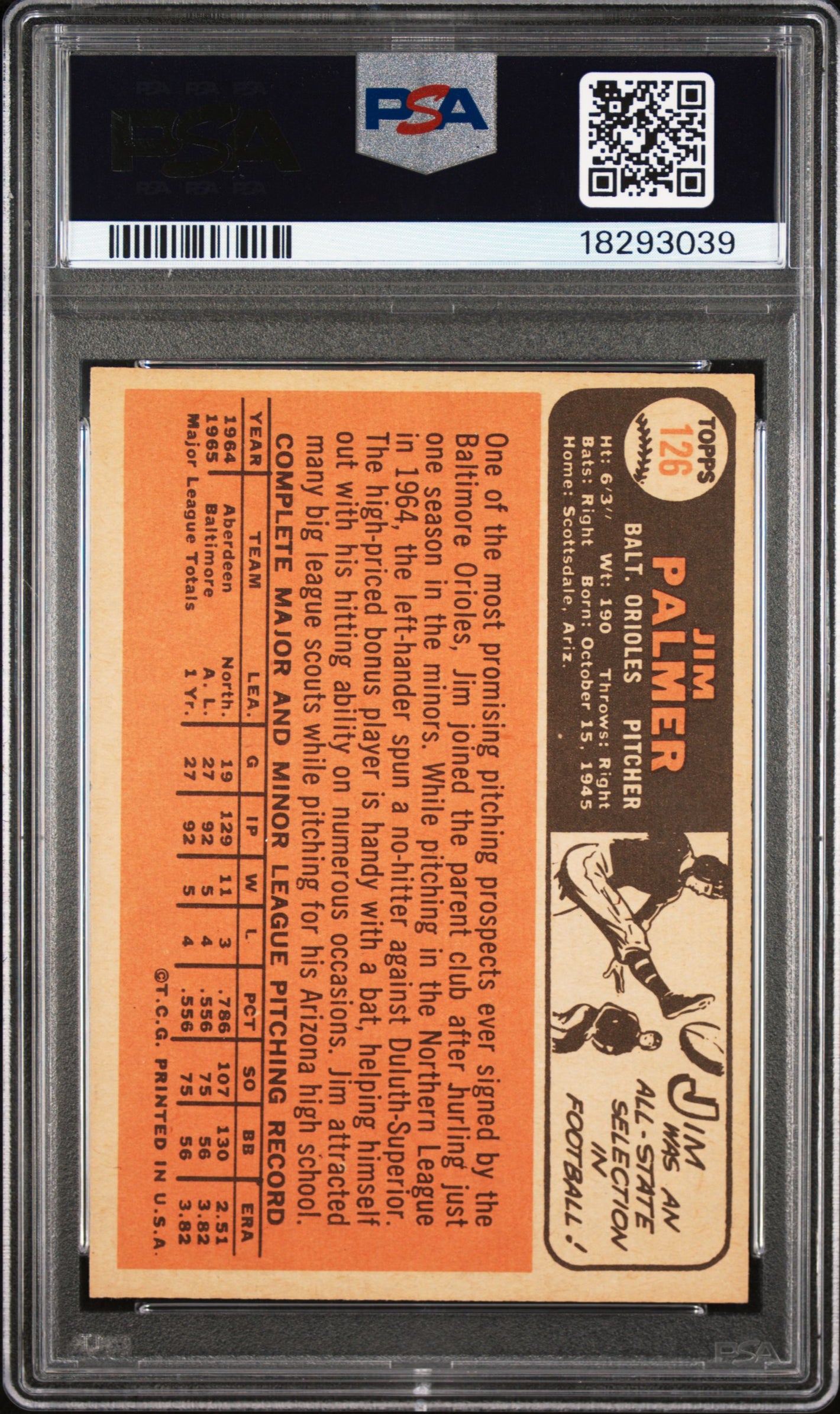 1966 Topps #126 Jim Palmer RC Rookie PSA 8.5 NM-MT Well Centered High Grade