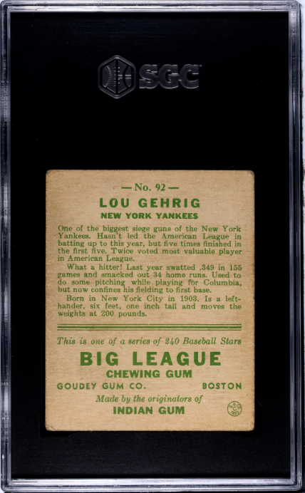 1933 Goudey #92 Lou Gehrig SGC 3.5 VG+ Nice Color