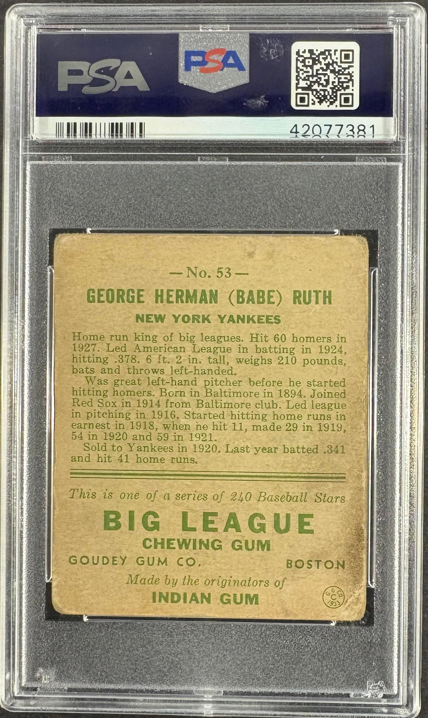1933 Goudey (R319) #53 George Herman Babe Ruth PSA Authentic Nice Color