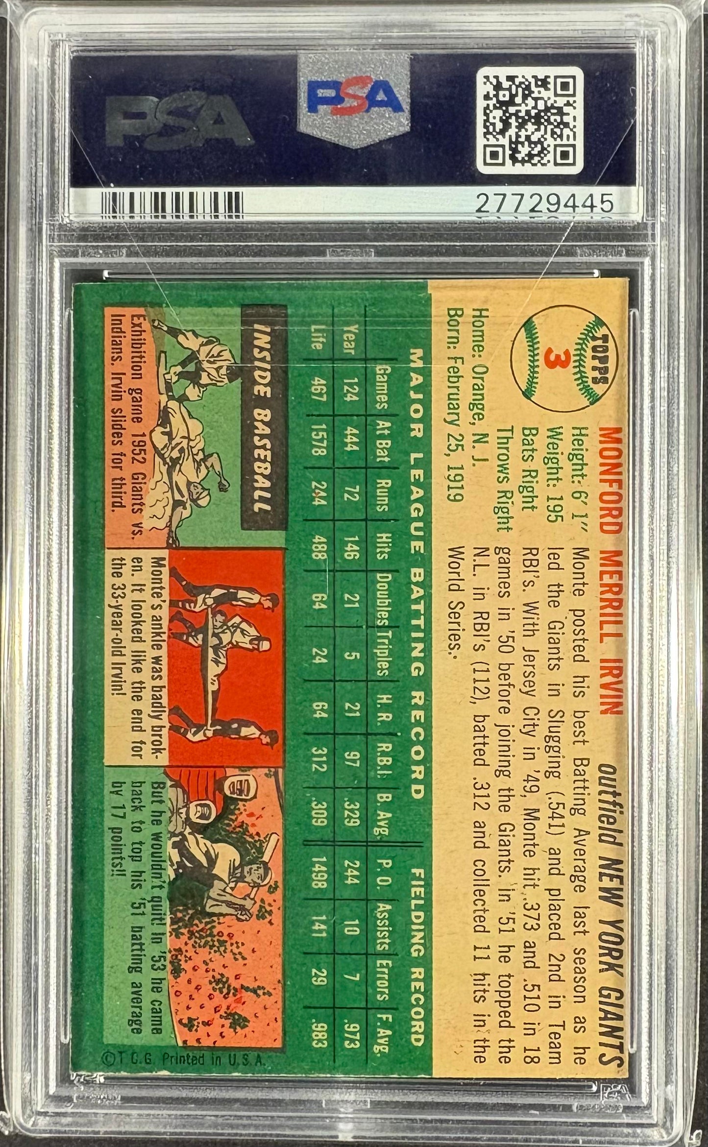 1954 Topps #3 Monte Irvin PSA 7 NM Bill Hemrick Collection New Label