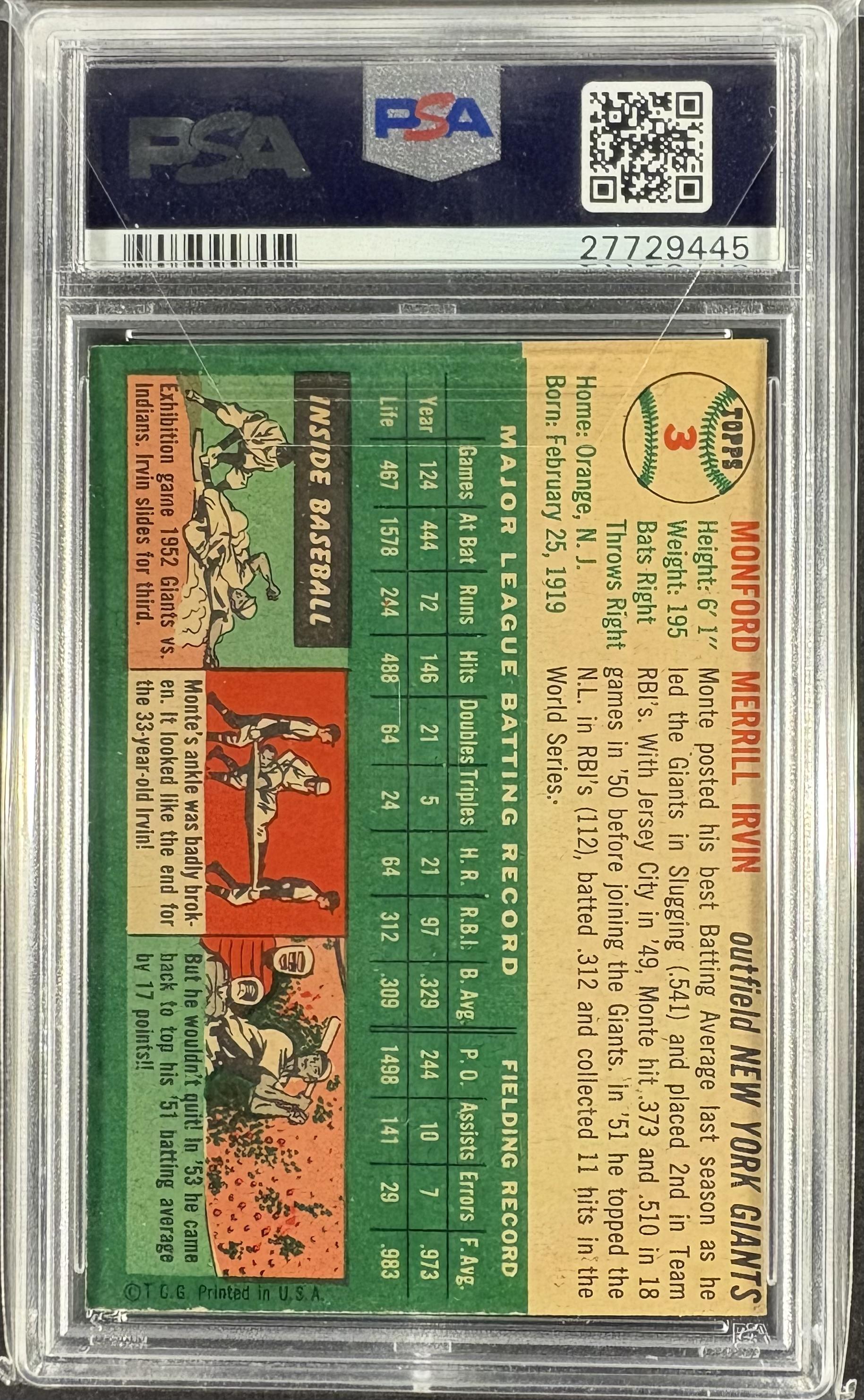 1954 Topps #3 Monte Irvin PSA 7 NM Bill Hemrick Collection New Label