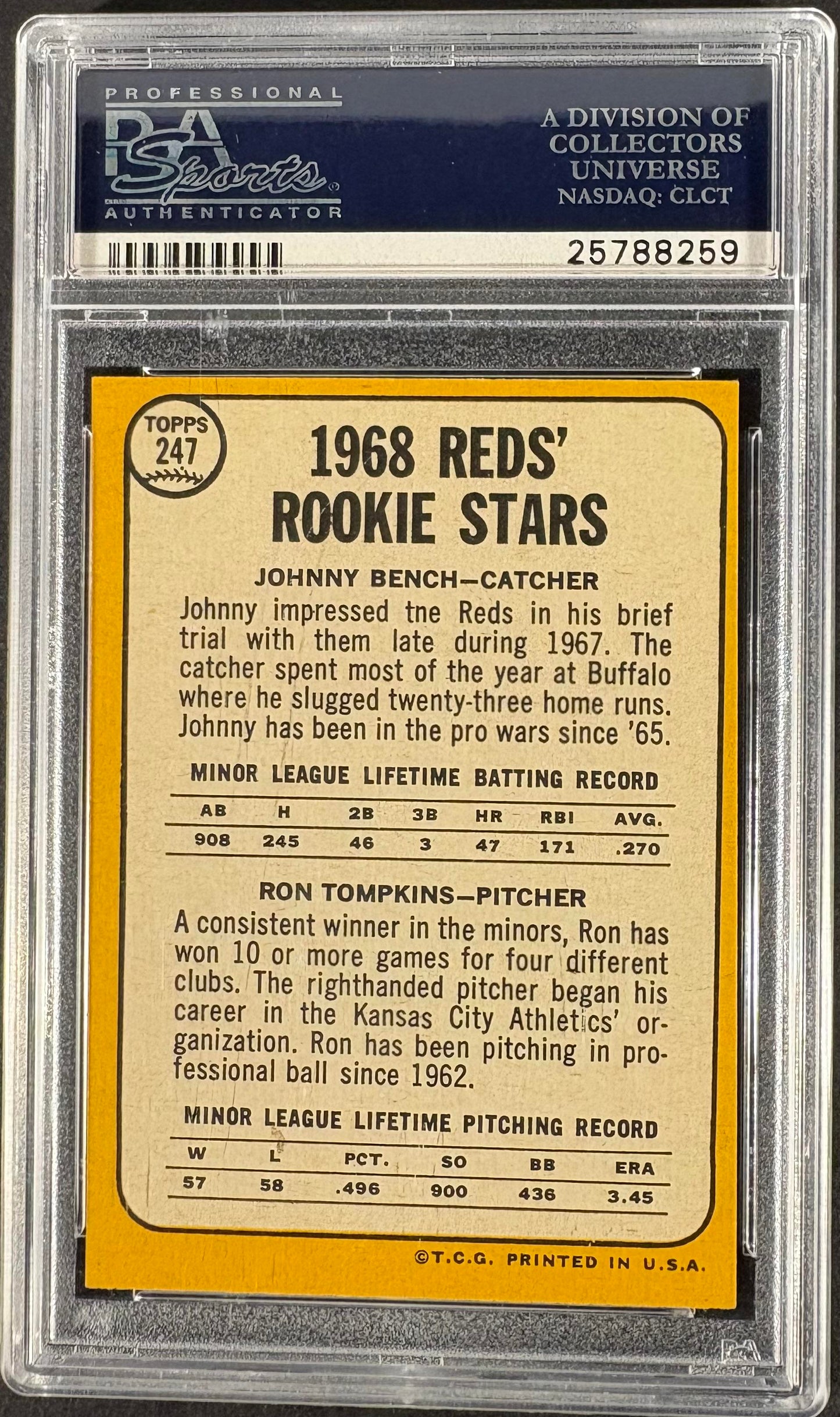 1968 Topps #247 Johnny Bench RC Rookie PSA 7 NM Near Mint